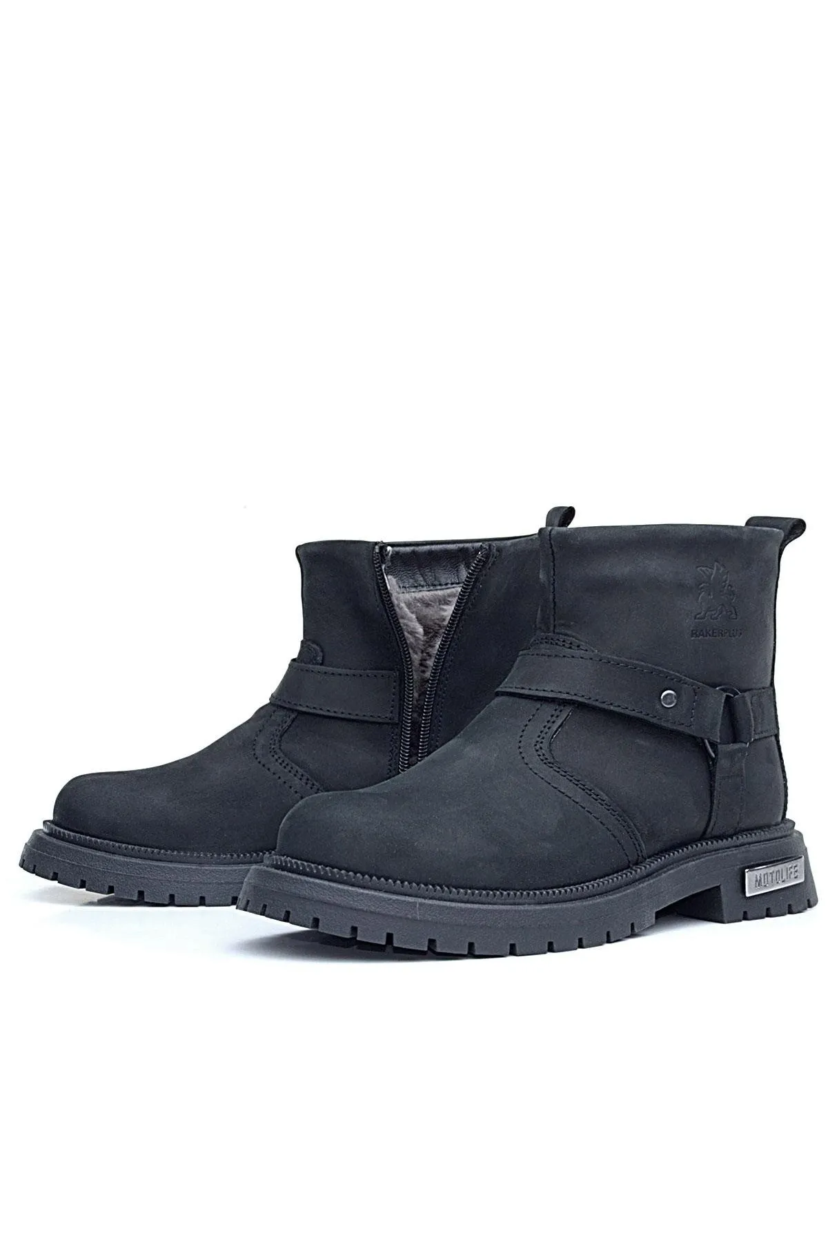 Gerçek Kürklü Hakiki Deri Siyah Nubuk Metal Detaylı Fermuarlı Çocuk Bot