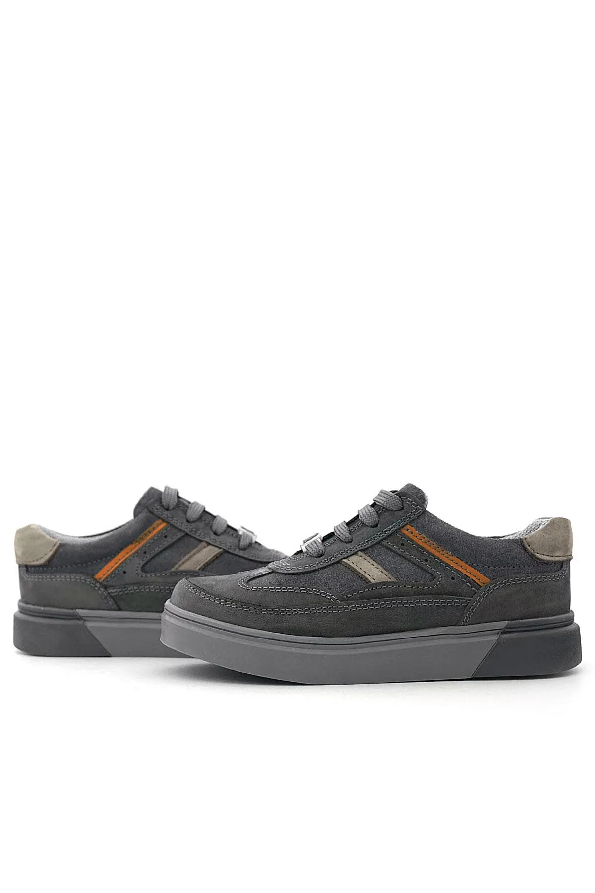 Gri Hakiki Deri Bağcıklı Gri Tabanlı Çocuk Sneaker Ayakkabı