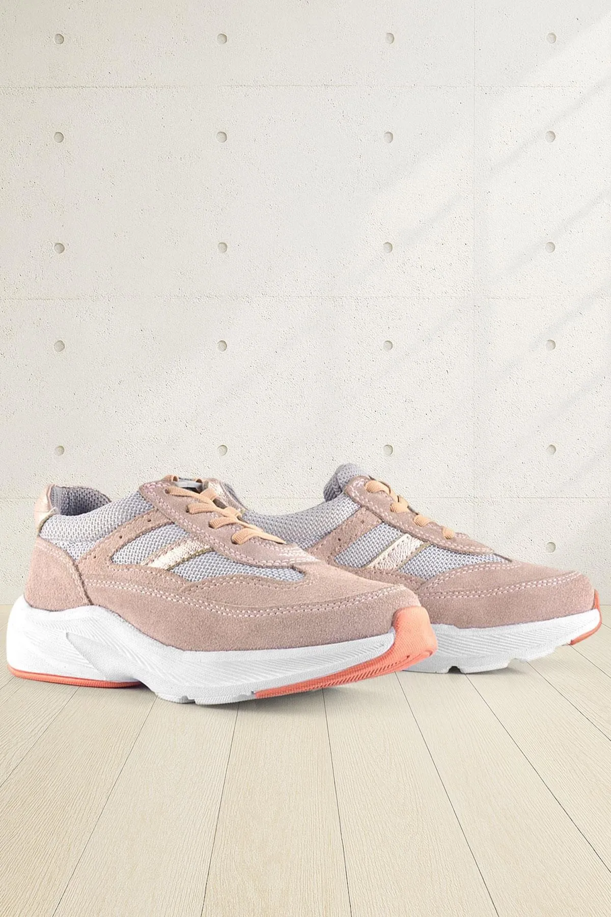 Hakiki Deri Anatomik Pudra Lastik Bağcıklı Hafif Kız Çocuk Günlük Ayakkabı