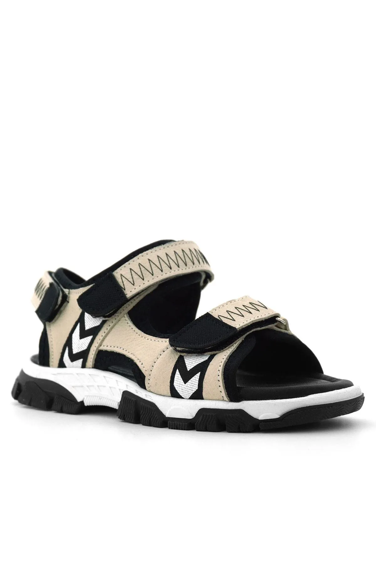 Hakiki Deri Bej Siyah Cırt Cırtlı Erkek Çocuk Sandalet