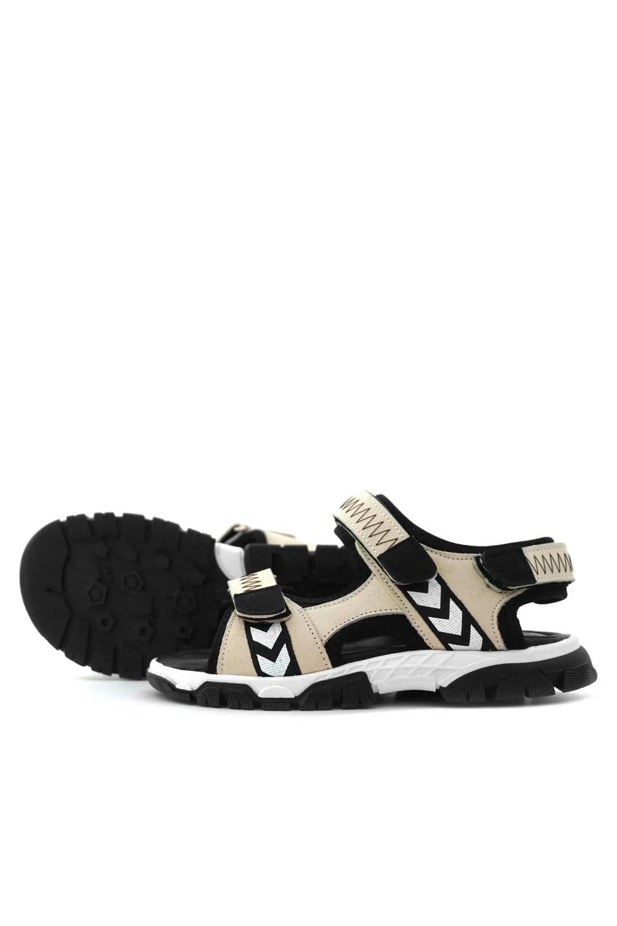 Hakiki Deri Bej Siyah Cırt Cırtlı Erkek Çocuk Sandalet