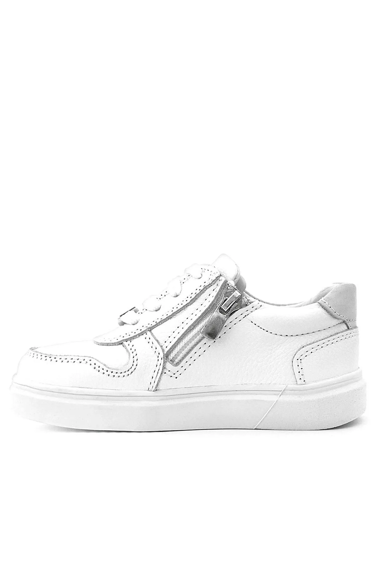 Hakiki Deri Beyaz Bağcıklı Fermuarlı Çocuk Sneaker Ayakkabı