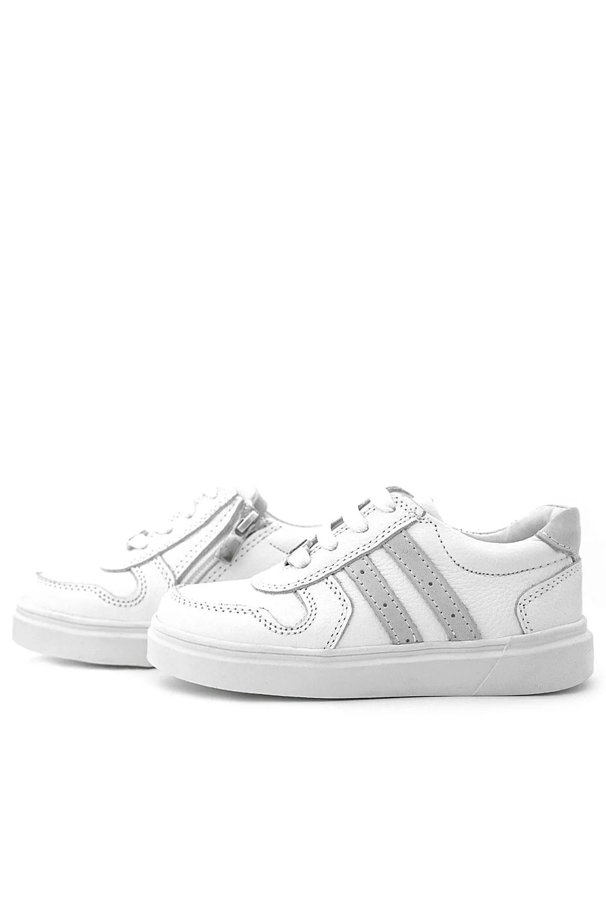 Hakiki Deri Beyaz Bağcıklı Fermuarlı Çocuk Sneaker Ayakkabı