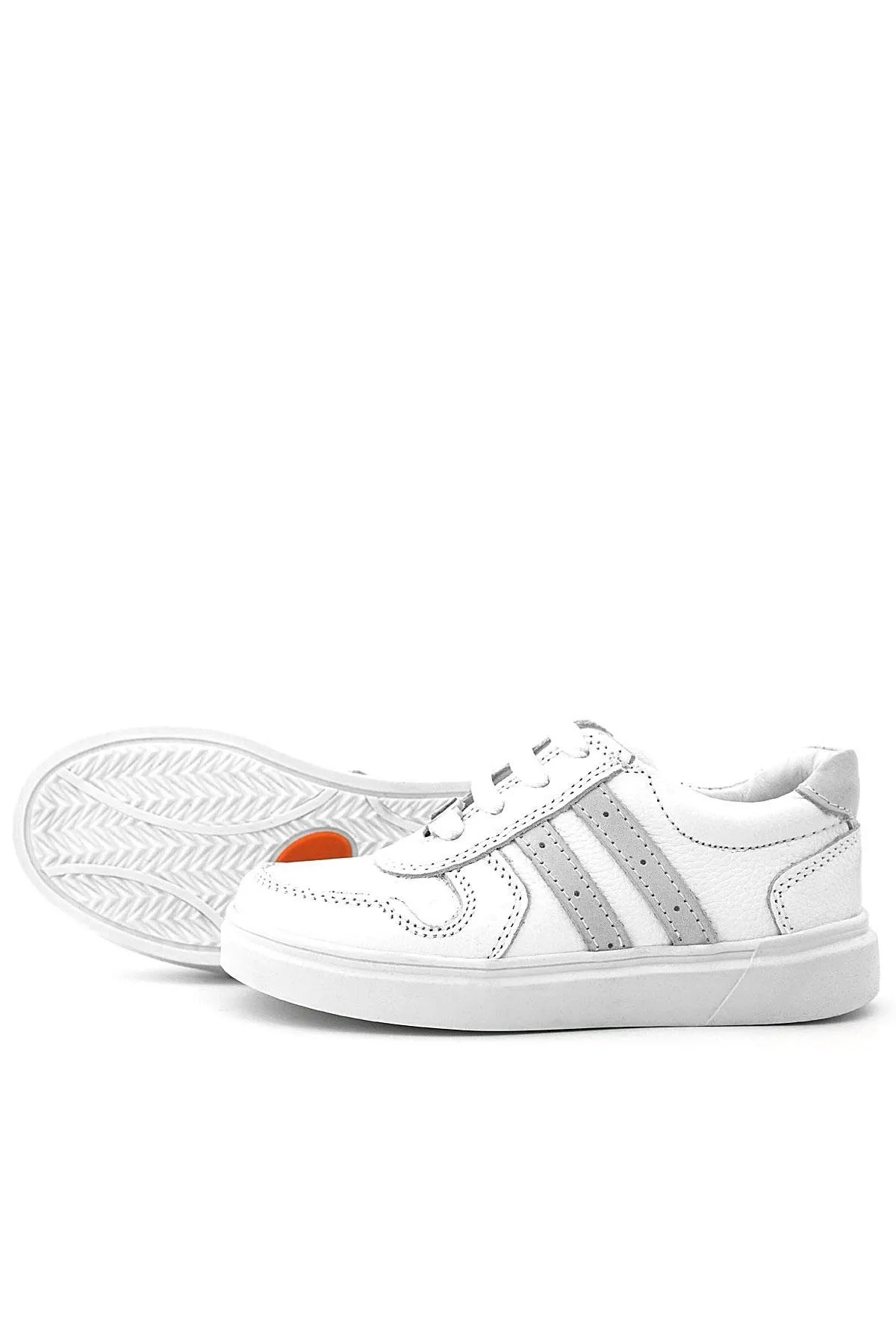 Hakiki Deri Beyaz Bağcıklı Fermuarlı Çocuk Sneaker Ayakkabı