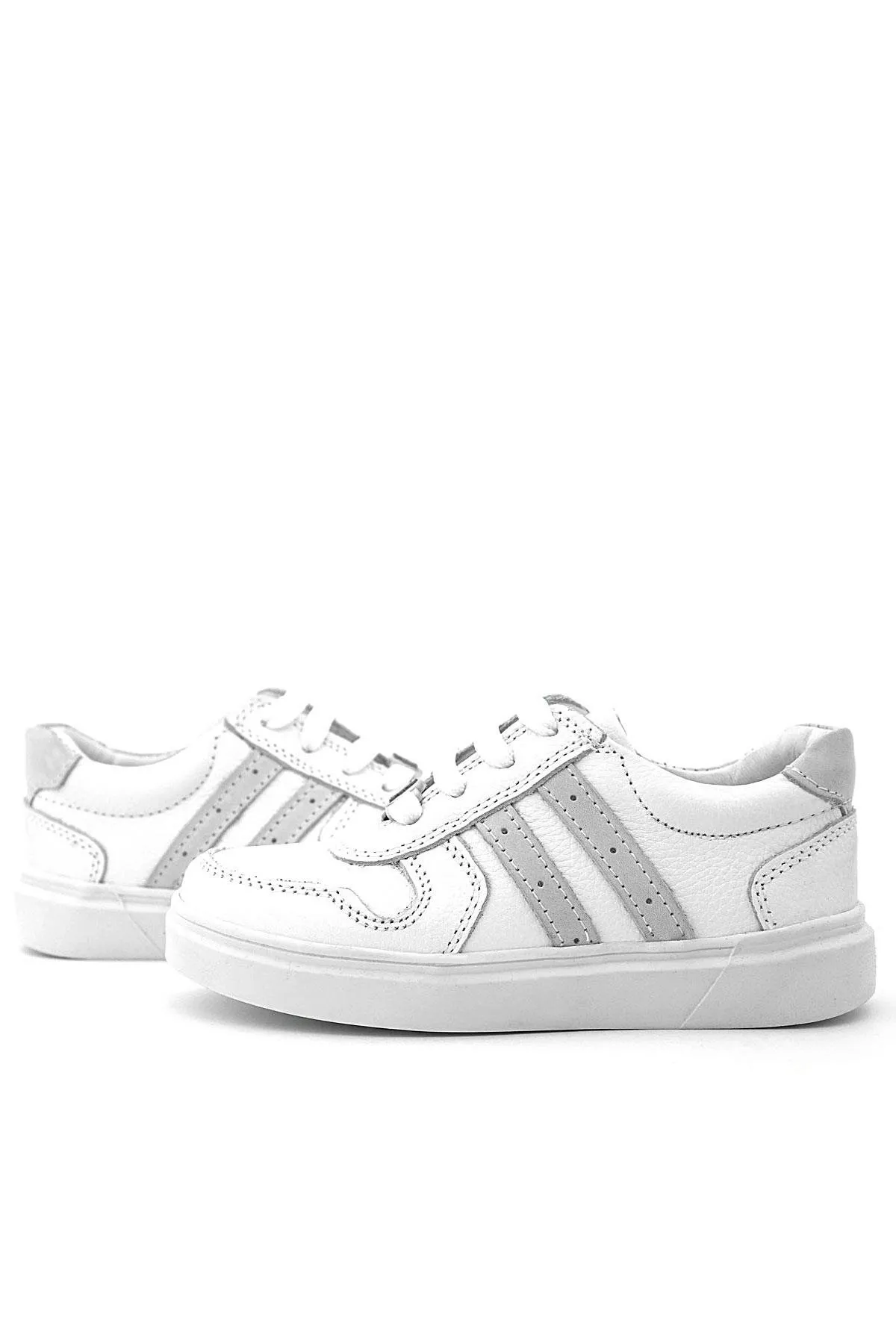 Hakiki Deri Beyaz Bağcıklı Fermuarlı Çocuk Sneaker Ayakkabı