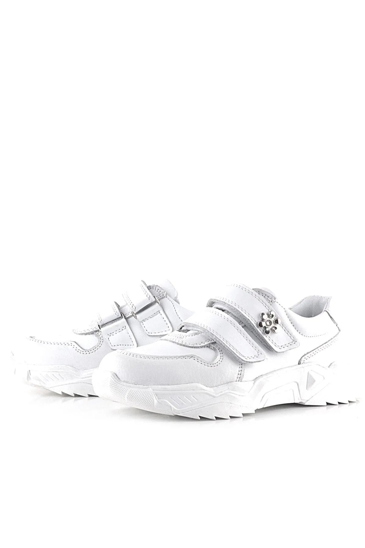 Hakiki Deri Beyaz Çiçek Detaylı Kız Çocuk Spor Ayakkabı
