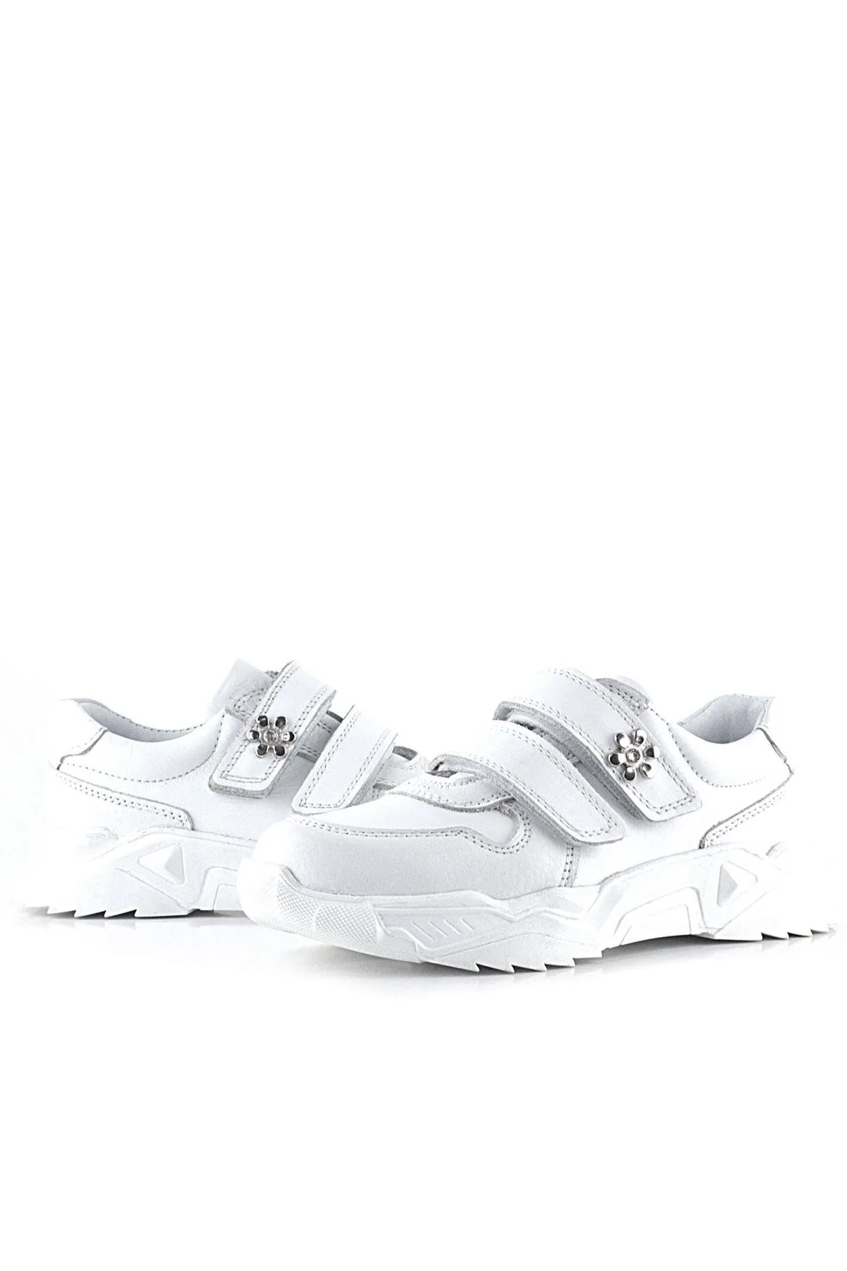 Hakiki Deri Beyaz Çiçek Detaylı Kız Çocuk Spor Ayakkabı