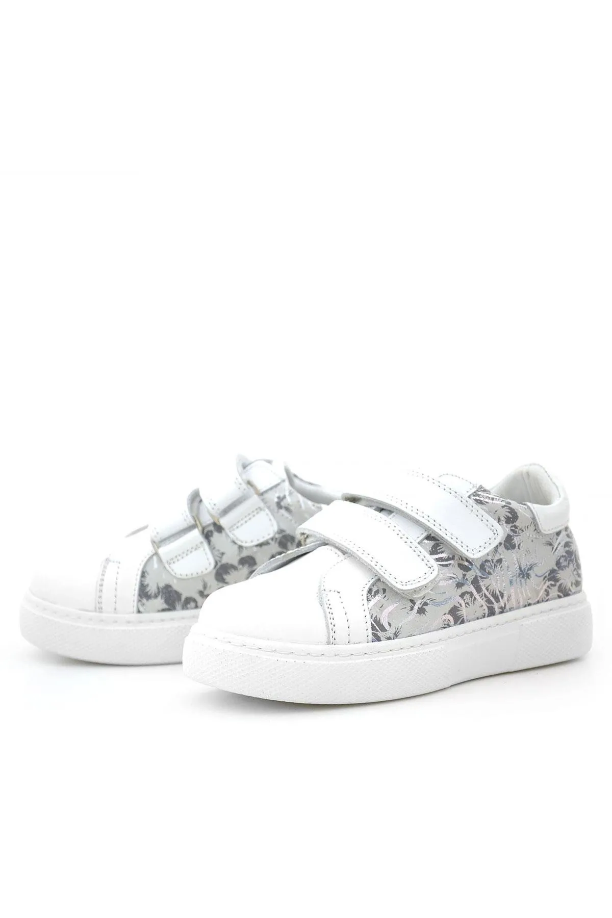 Hakiki Deri Beyaz Cırt Cırtlı Gri Desenli Kız Çocuk Spor Ayakkabı