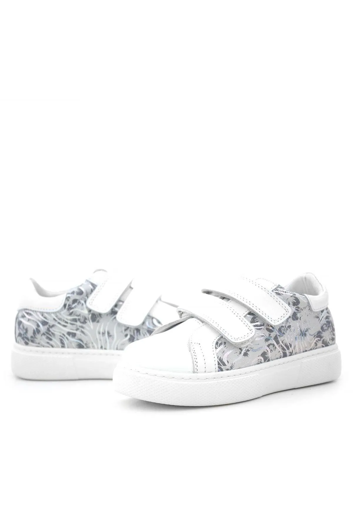 Hakiki Deri Beyaz Cırt Cırtlı Gri Desenli Kız Çocuk Spor Ayakkabı