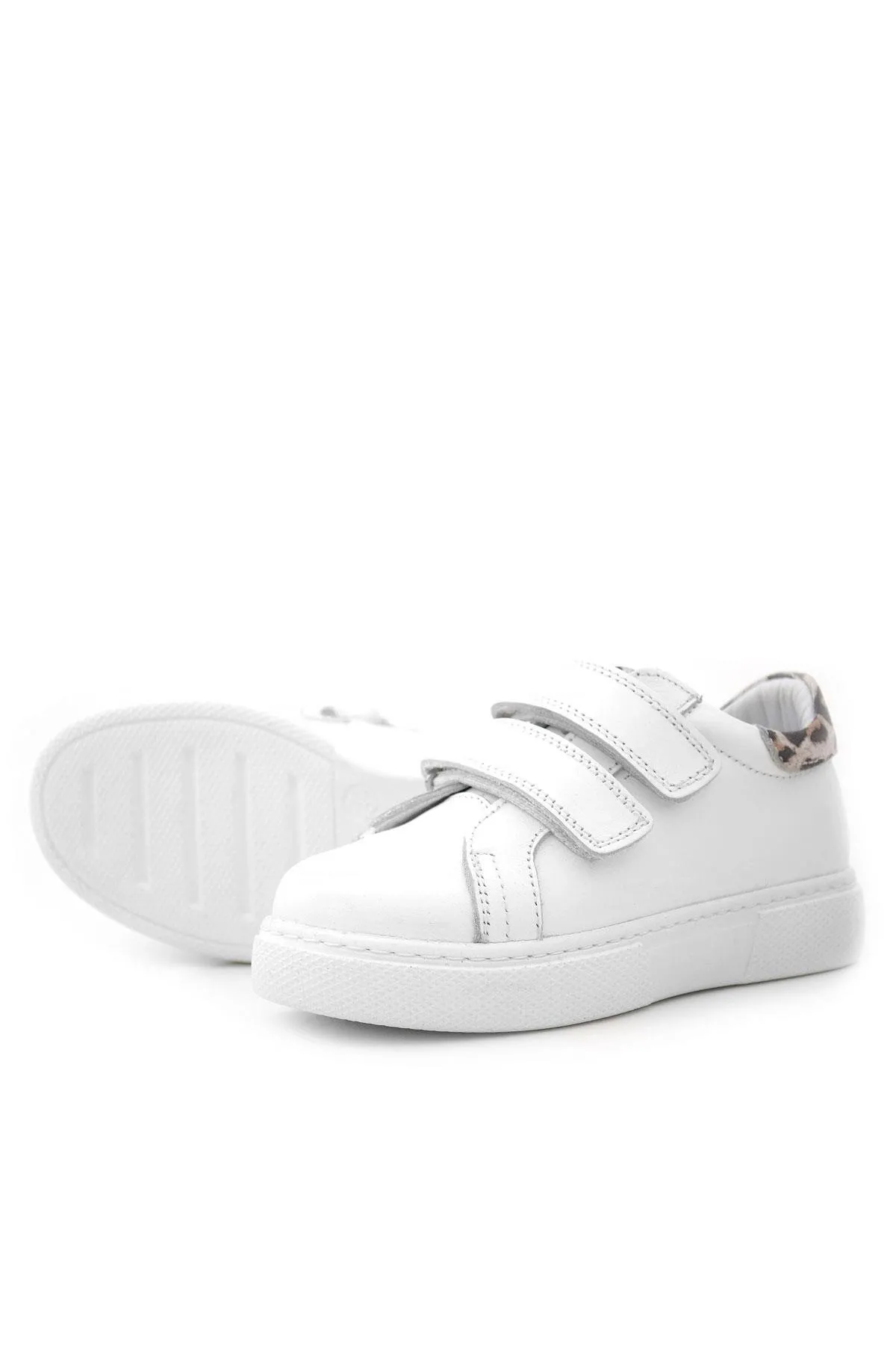 Hakiki Deri Beyaz Cırt Cırtlı Leopar Desenli Kız Çocuk Spor Ayakkabı