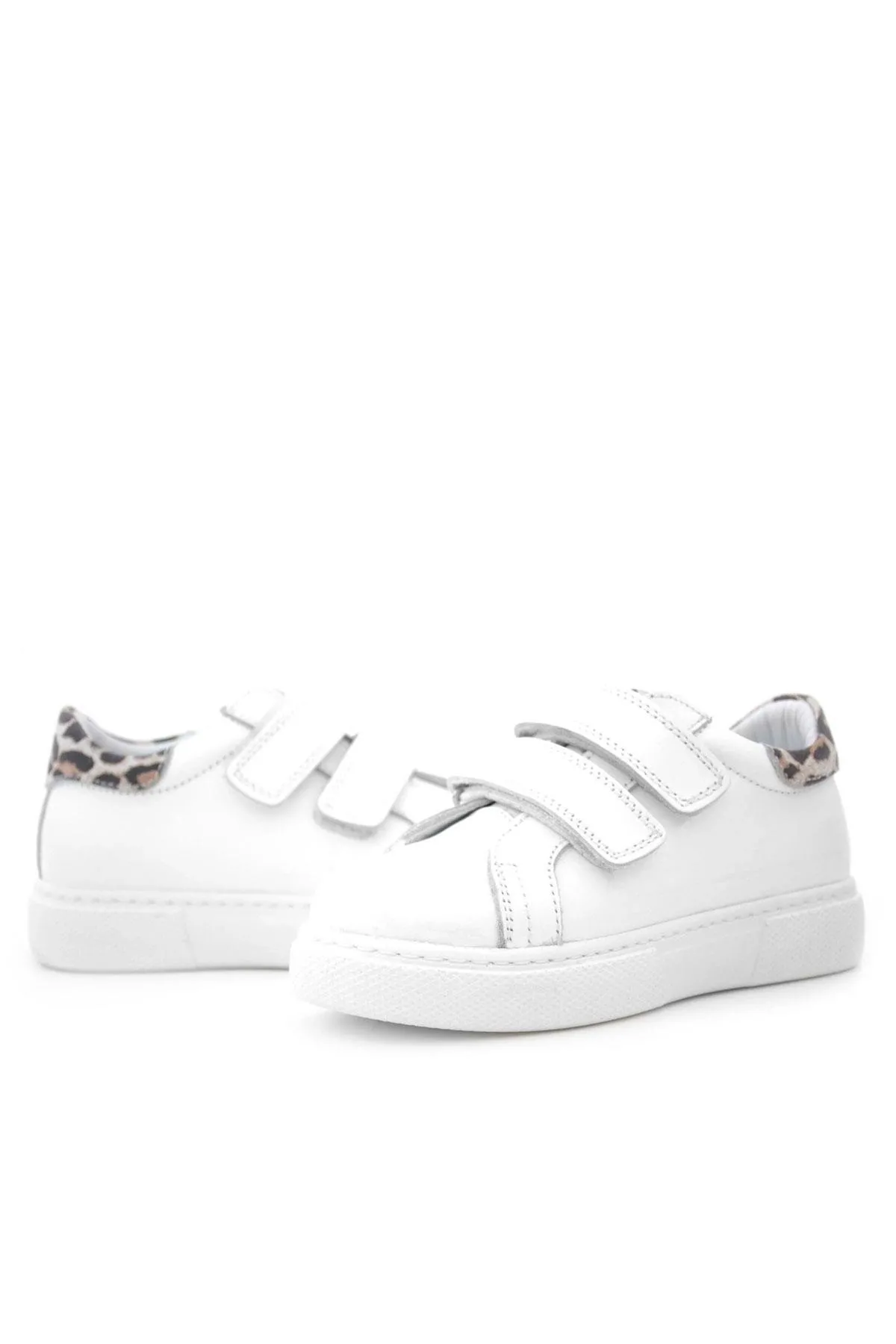 Hakiki Deri Beyaz Cırt Cırtlı Leopar Desenli Kız Çocuk Spor Ayakkabı