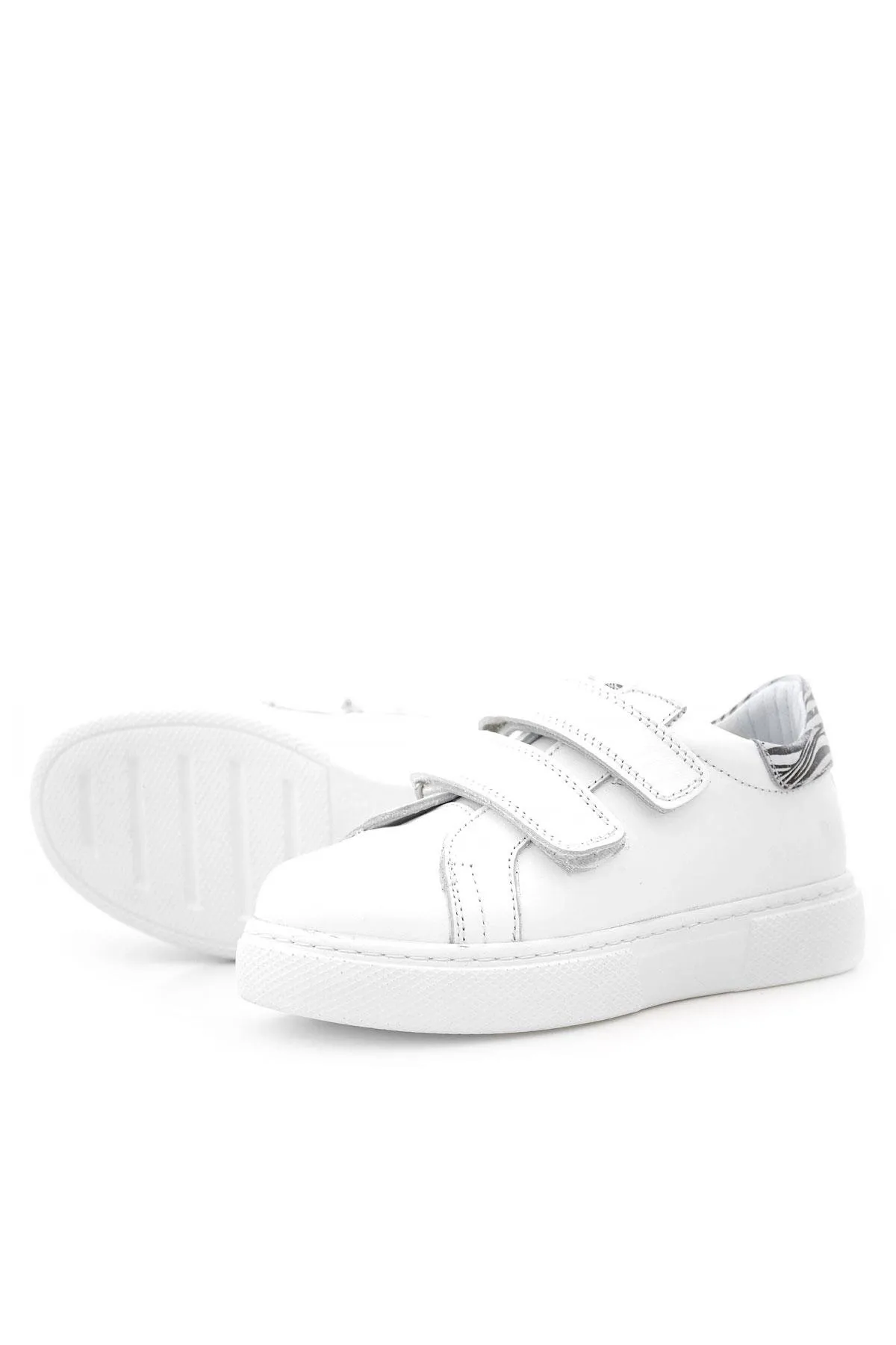 Hakiki Deri Beyaz Cırt Cırtlı Siyah Desenli Kız Çocuk Spor Ayakkabı