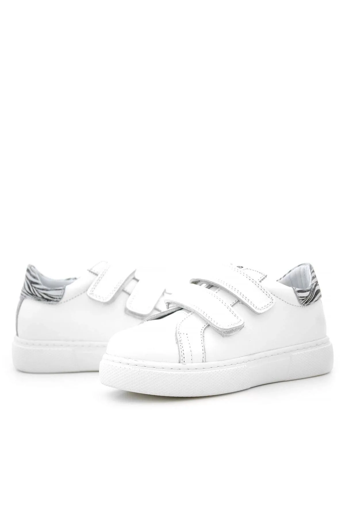 Hakiki Deri Beyaz Cırt Cırtlı Siyah Desenli Kız Çocuk Spor Ayakkabı