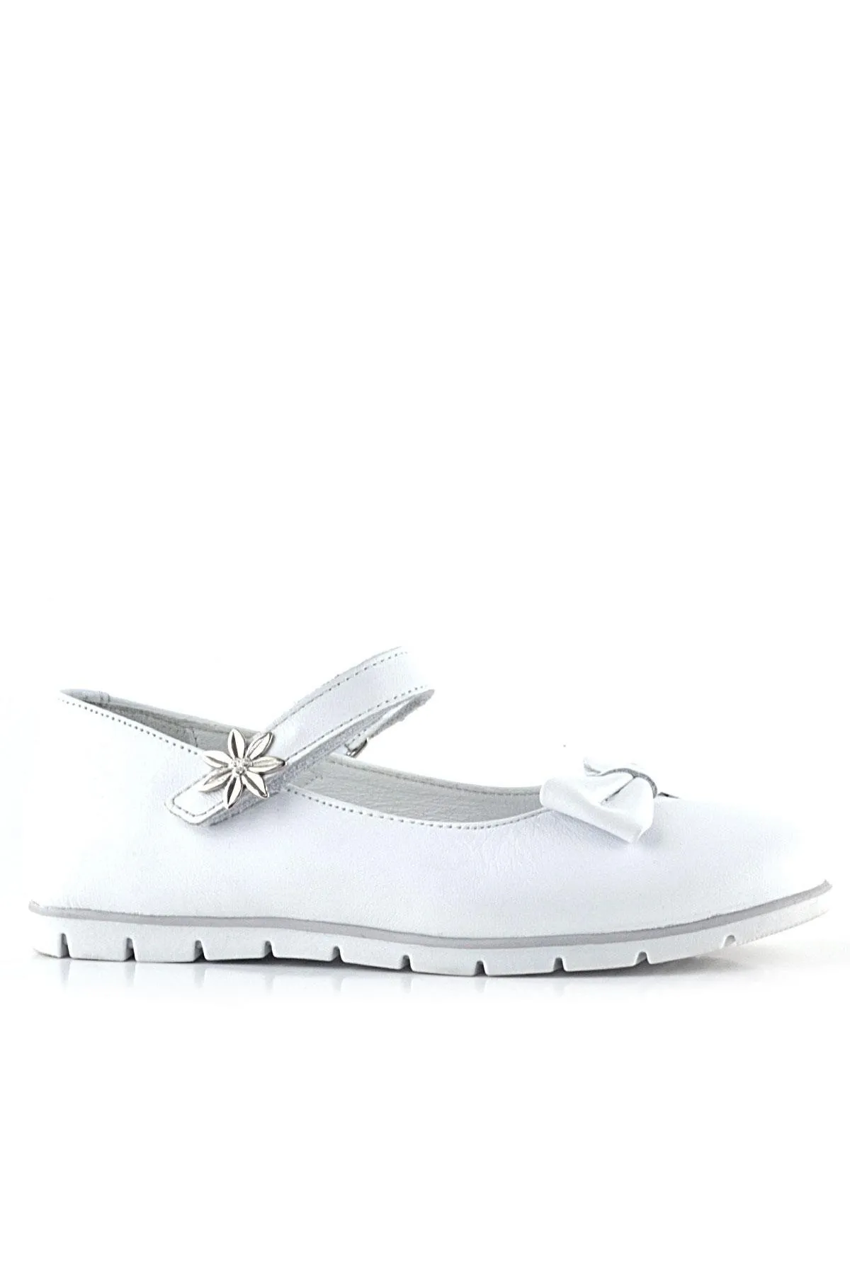Hakiki Deri Beyaz Cırtlı Çiçek Detaylı Kız Çocuk Babet Ayakkabı