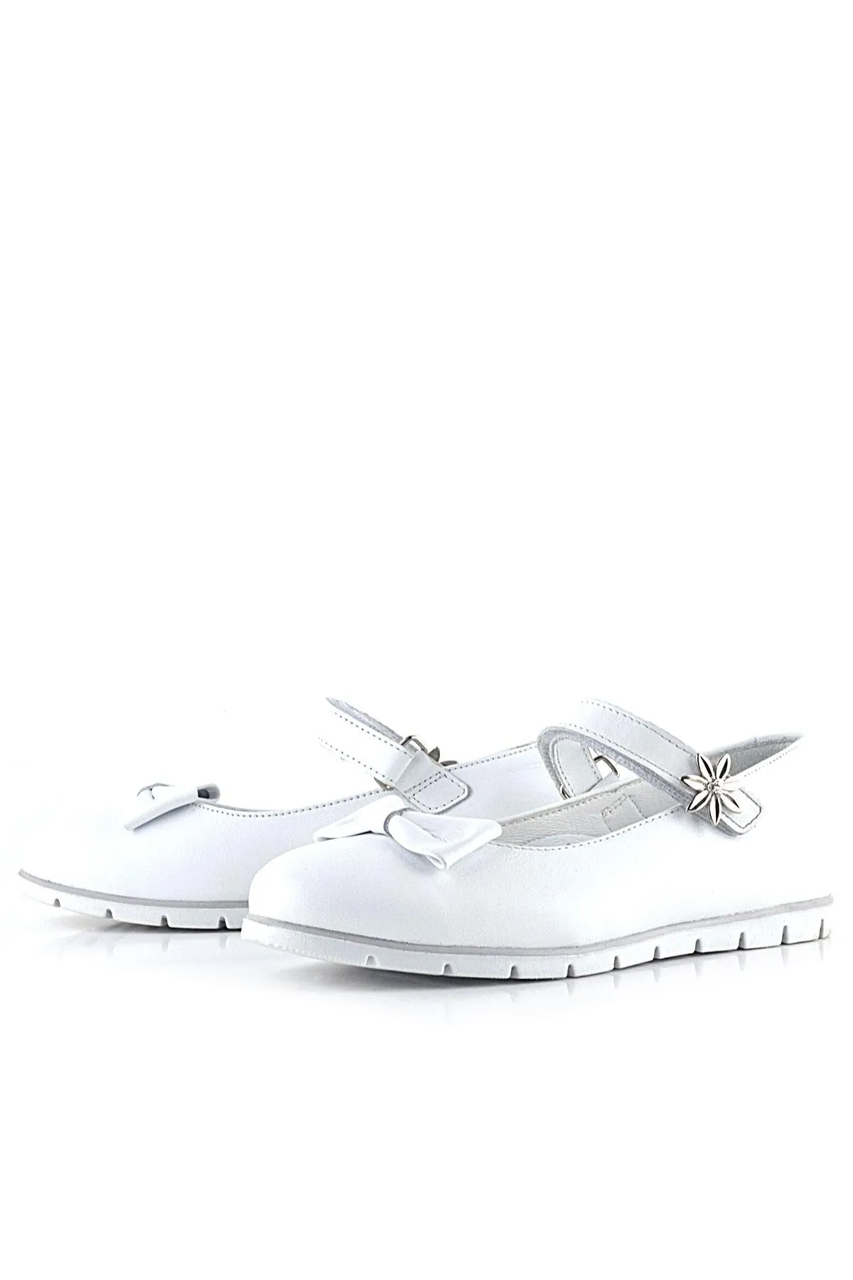 Hakiki Deri Beyaz Cırtlı Çiçek Detaylı Kız Çocuk Babet Ayakkabı