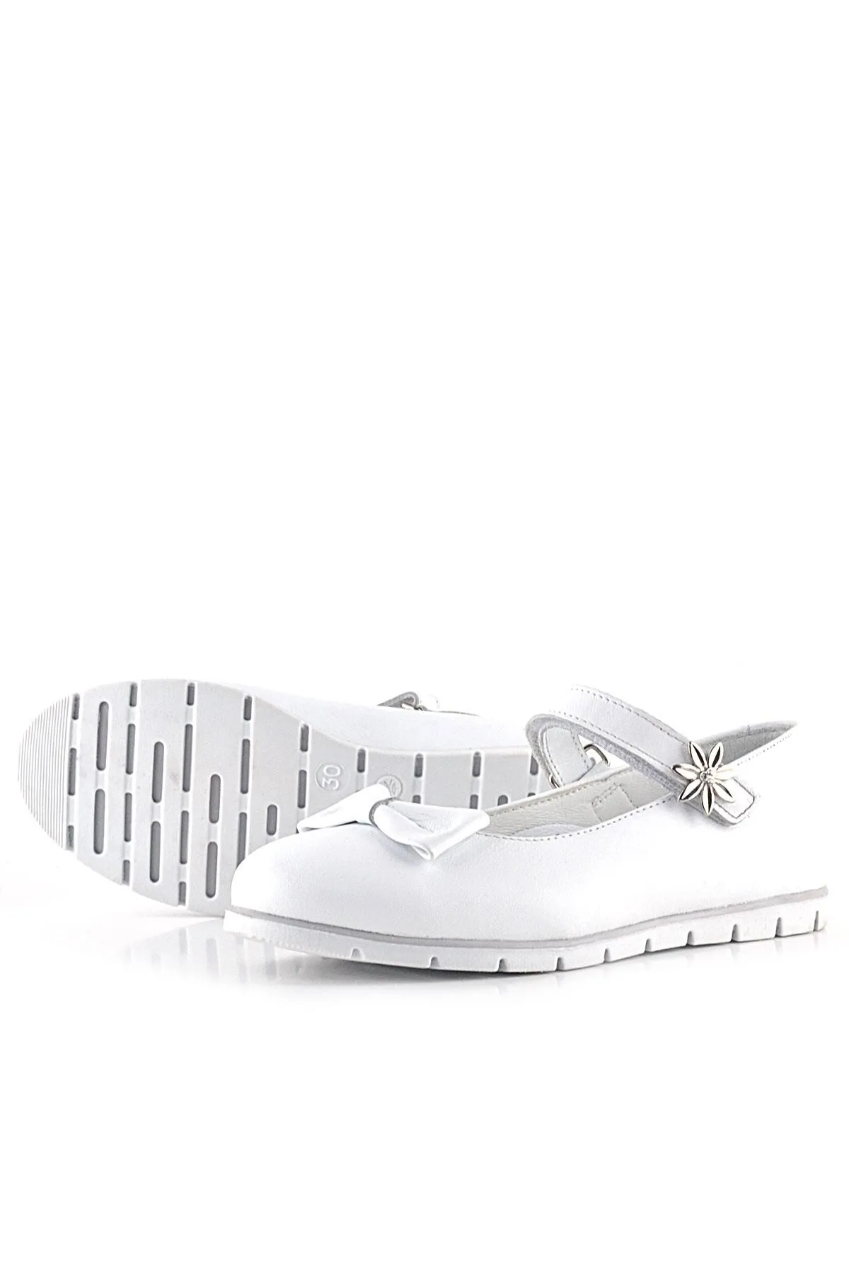 Hakiki Deri Beyaz Cırtlı Çiçek Detaylı Kız Çocuk Babet Ayakkabı