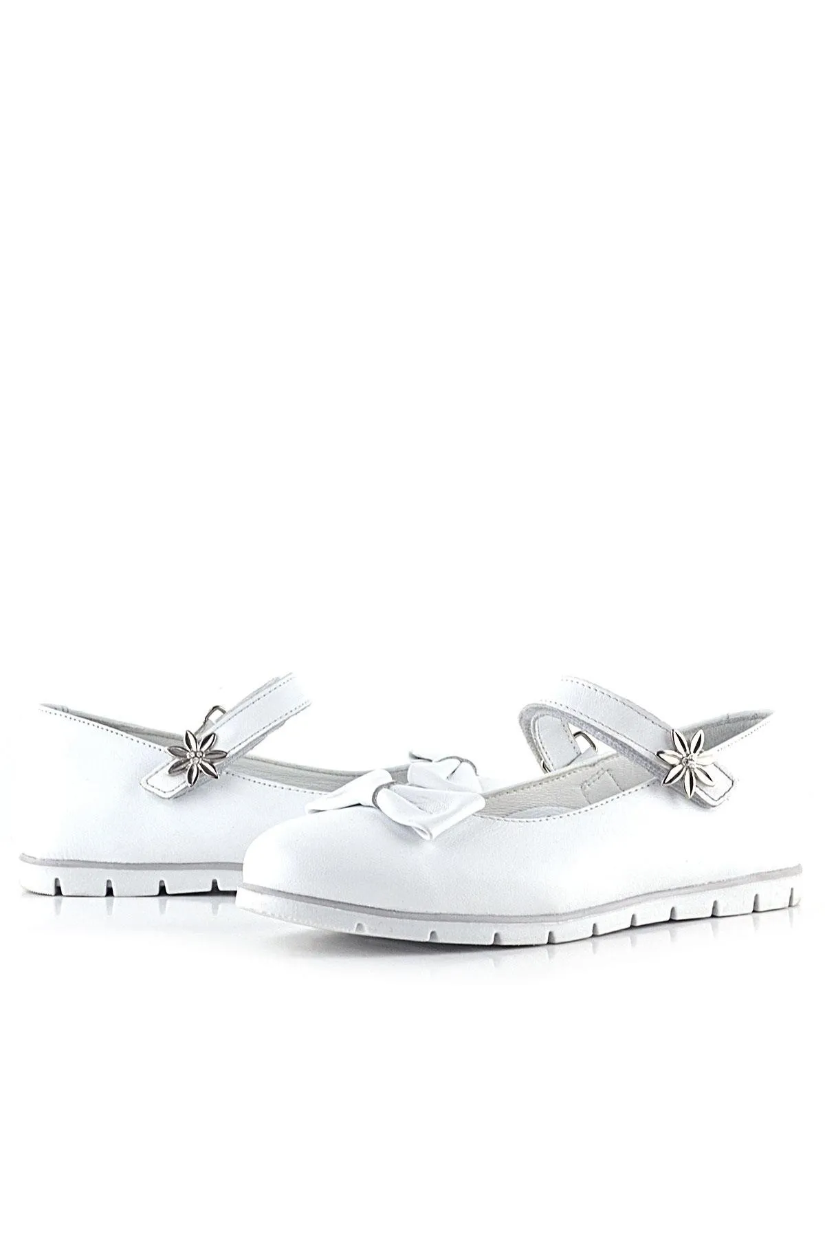 Hakiki Deri Beyaz Cırtlı Çiçek Detaylı Kız Çocuk Babet Ayakkabı