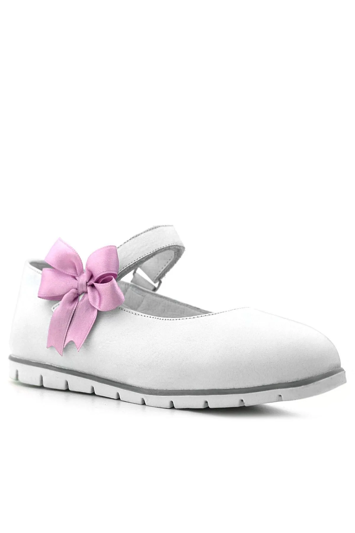 Hakiki Deri Beyaz Cırtlı Pembe Kurdeleli Kız Çocuk Babet