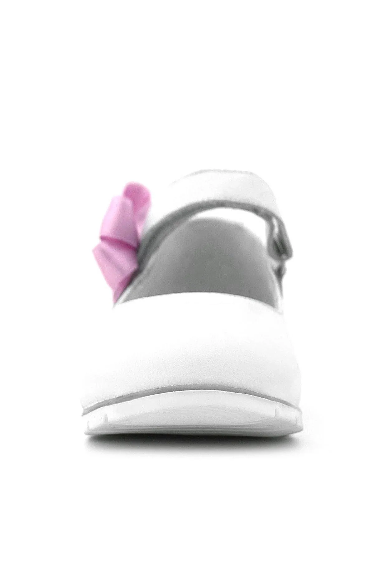 Hakiki Deri Beyaz Cırtlı Pembe Kurdeleli Kız Çocuk Babet