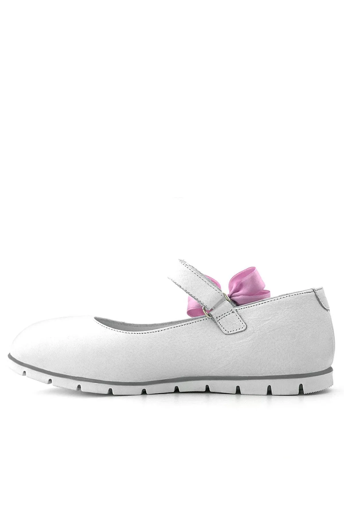 Hakiki Deri Beyaz Cırtlı Pembe Kurdeleli Kız Çocuk Babet