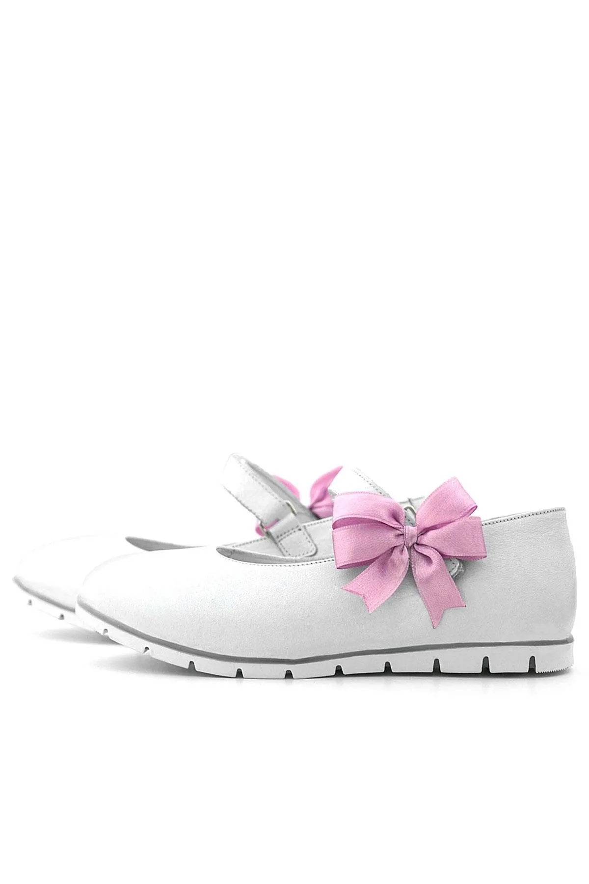 Hakiki Deri Beyaz Cırtlı Pembe Kurdeleli Kız Çocuk Babet