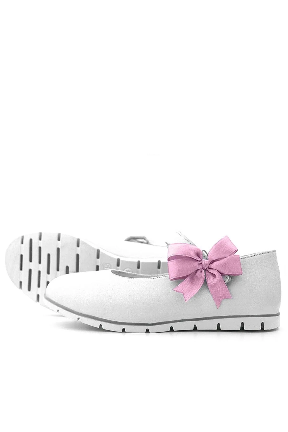 Hakiki Deri Beyaz Cırtlı Pembe Kurdeleli Kız Çocuk Babet