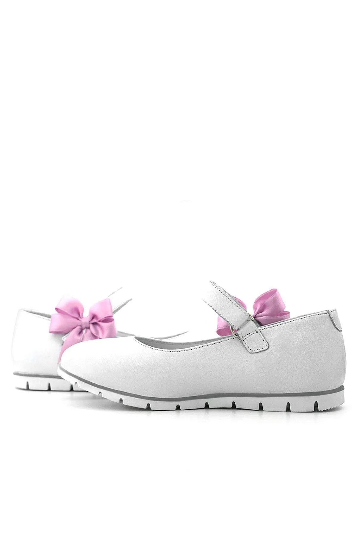 Hakiki Deri Beyaz Cırtlı Pembe Kurdeleli Kız Çocuk Babet