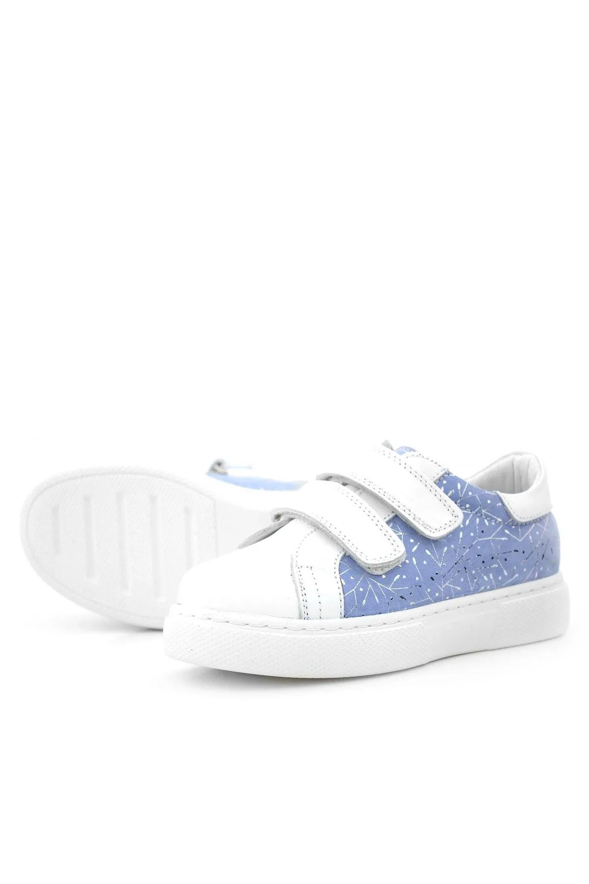 Hakiki Deri Beyaz Mavi Cırt Cırtlı Kız Çocuk Spor Ayakkabı