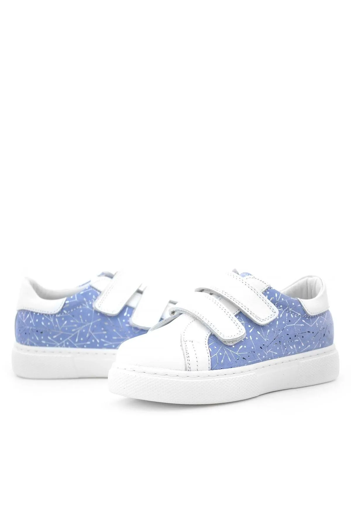 Hakiki Deri Beyaz Mavi Cırt Cırtlı Kız Çocuk Spor Ayakkabı