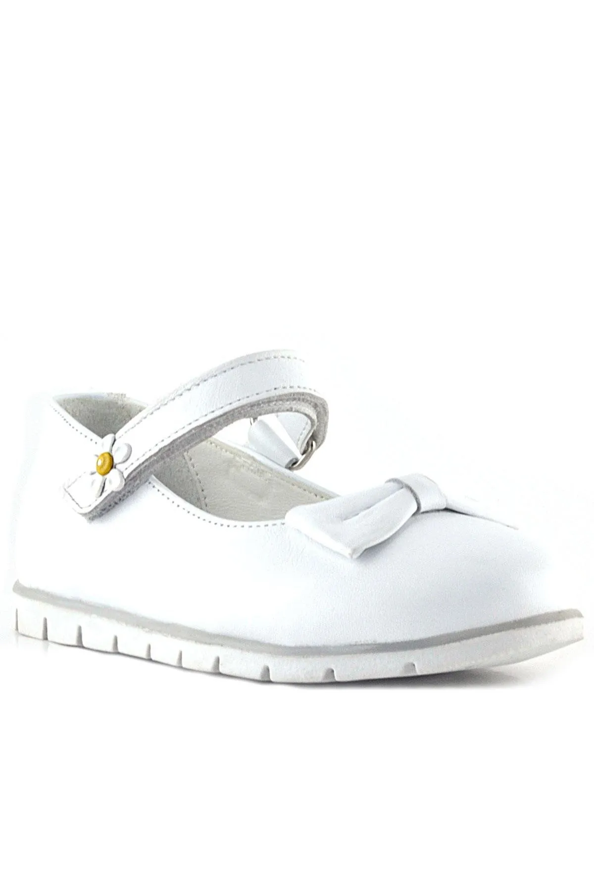 Hakiki Deri Beyaz Papatya Detaylı Cırtlı Kız Çocuk Babet Ayakkabı