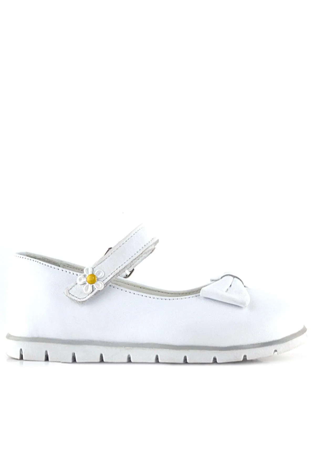 Hakiki Deri Beyaz Papatya Detaylı Cırtlı Kız Çocuk Babet Ayakkabı
