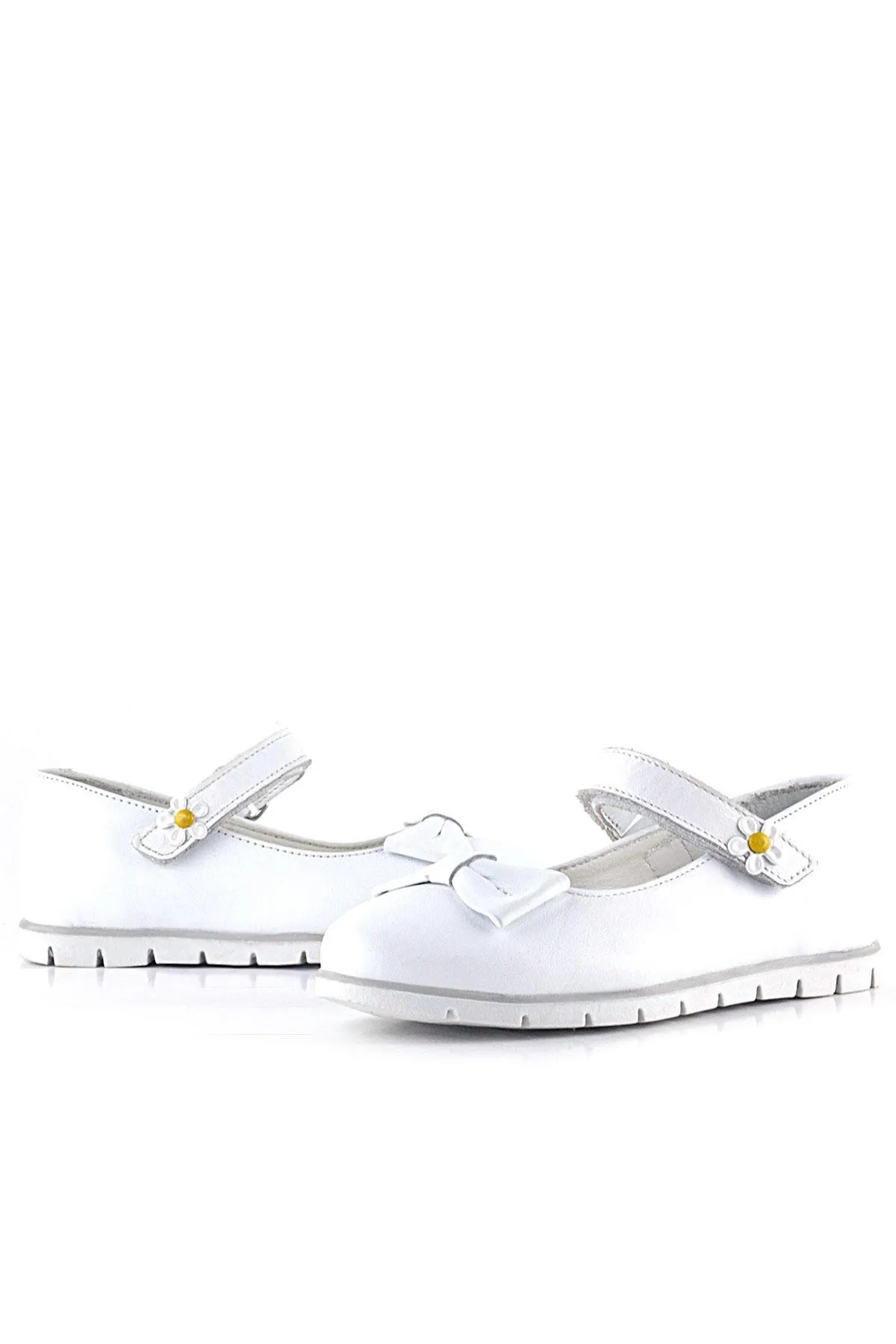 Hakiki Deri Beyaz Papatya Detaylı Cırtlı Kız Çocuk Babet Ayakkabı