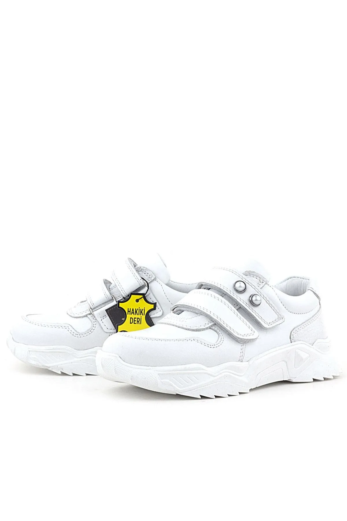 Hakiki Deri Beyaz Taşlı Kız Çocuk Sneakers Ayakkabı