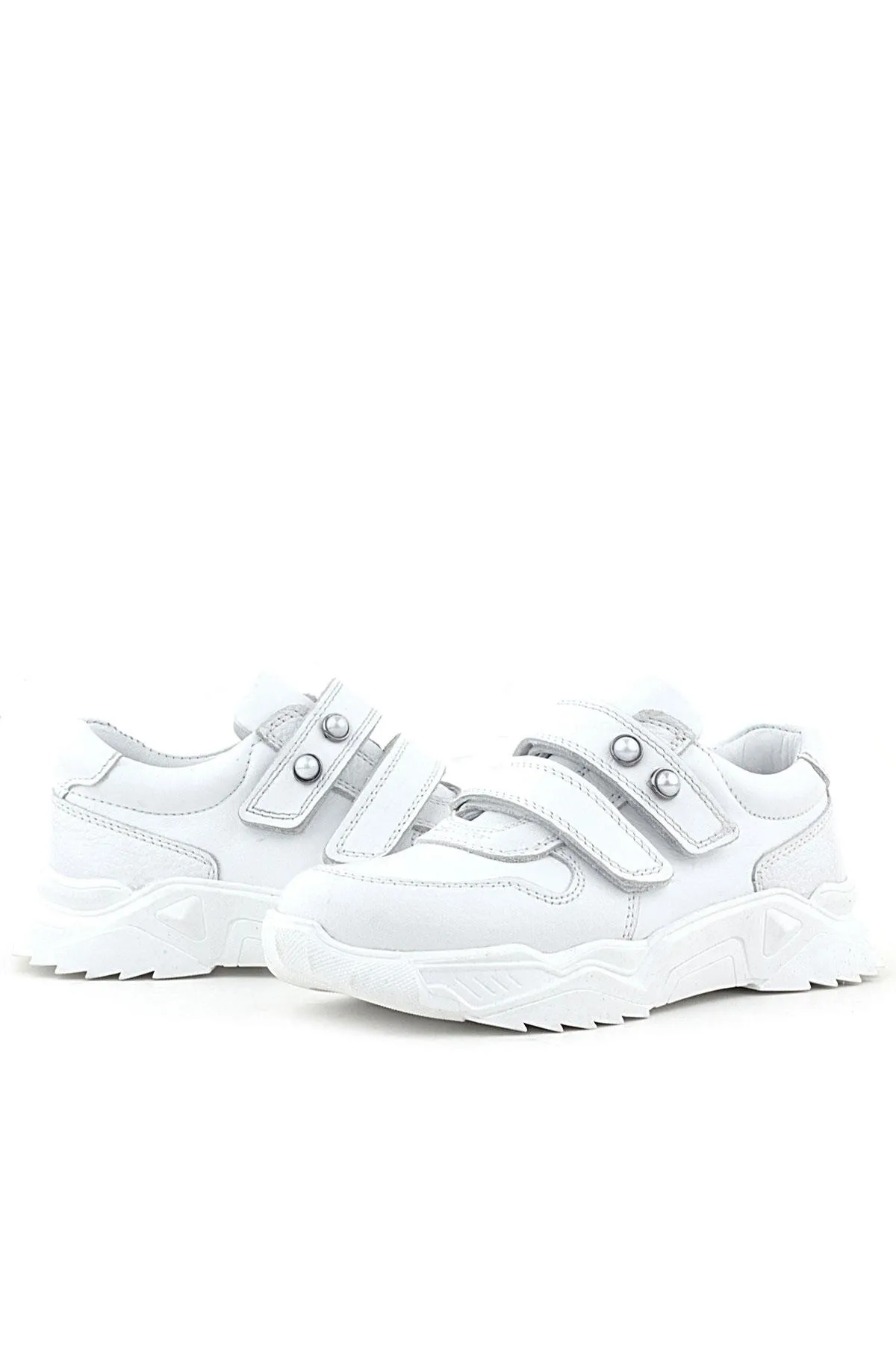 Hakiki Deri Beyaz Taşlı Kız Çocuk Sneakers Ayakkabı