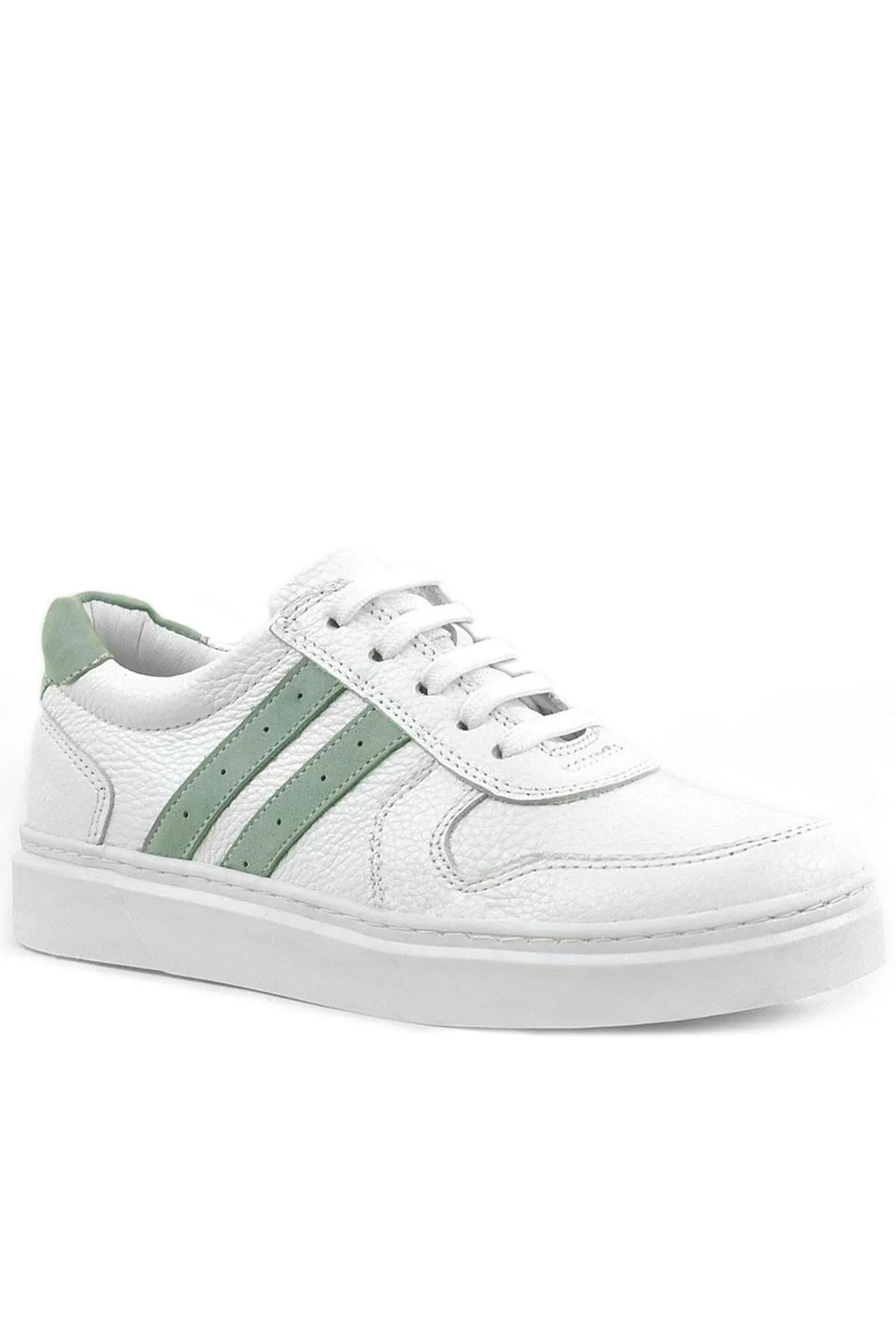 Hakiki Deri Beyaz Yeşil Bağcıklı Fermuarlı Çocuk Sneaker