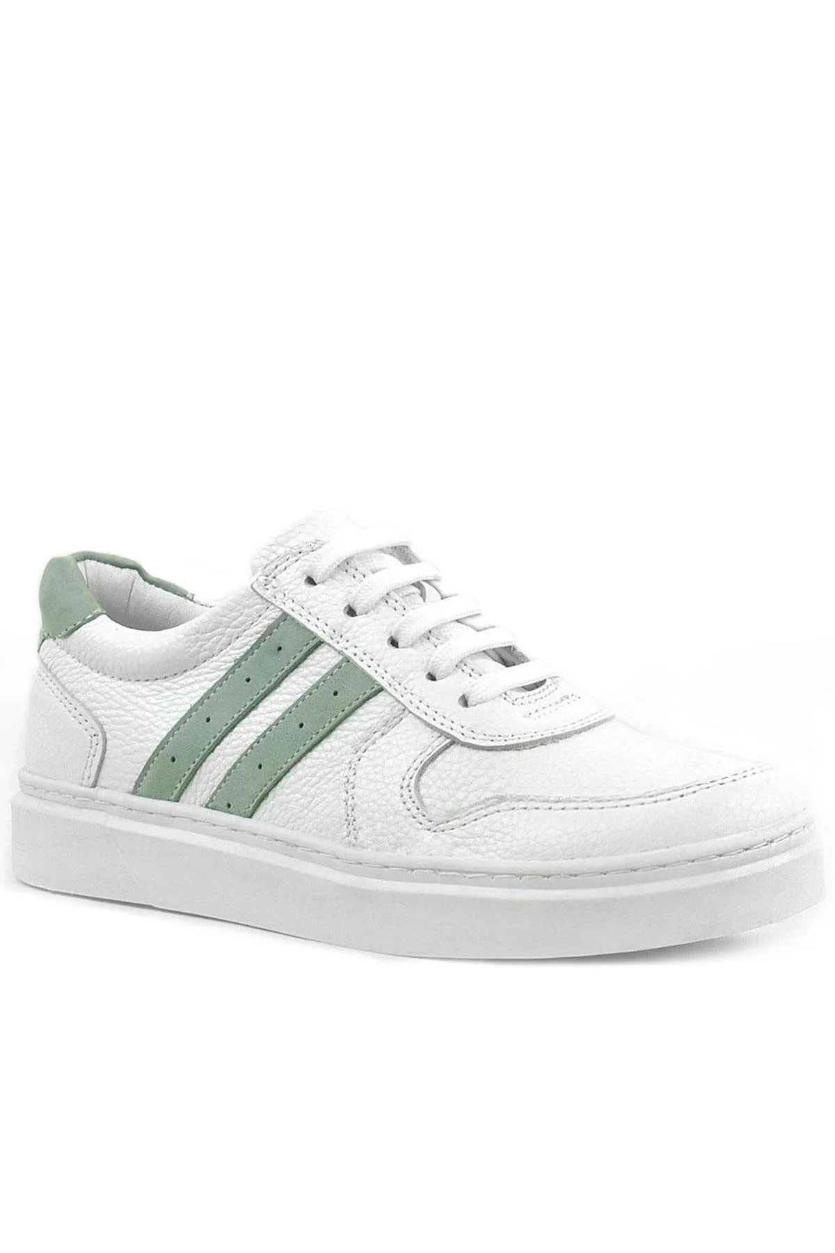 Hakiki Deri Beyaz Yeşil Bağcıklı Fermuarlı Çocuk Sneaker