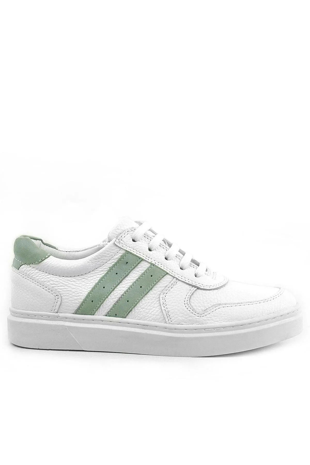 Hakiki Deri Beyaz Yeşil Bağcıklı Fermuarlı Çocuk Sneaker