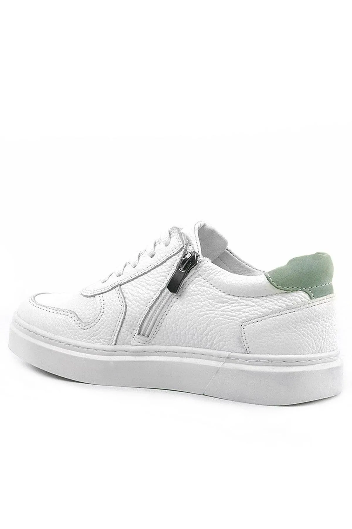 Hakiki Deri Beyaz Yeşil Bağcıklı Fermuarlı Çocuk Sneaker