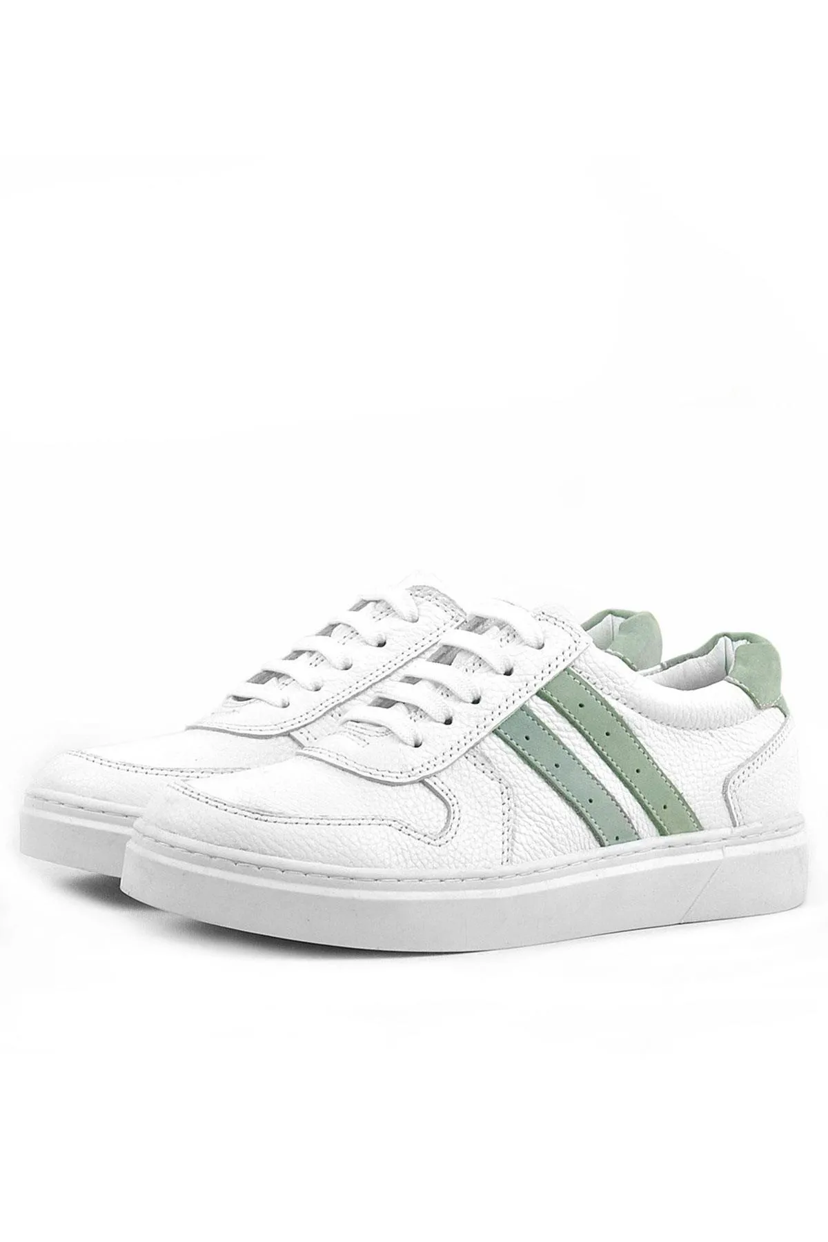Hakiki Deri Beyaz Yeşil Bağcıklı Fermuarlı Çocuk Sneaker