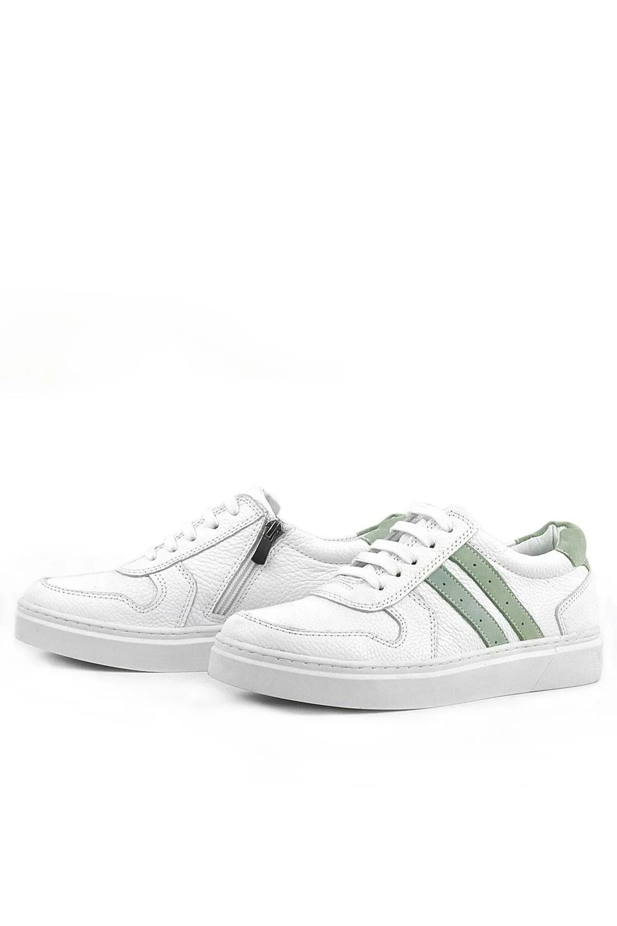 Hakiki Deri Beyaz Yeşil Bağcıklı Fermuarlı Çocuk Sneaker