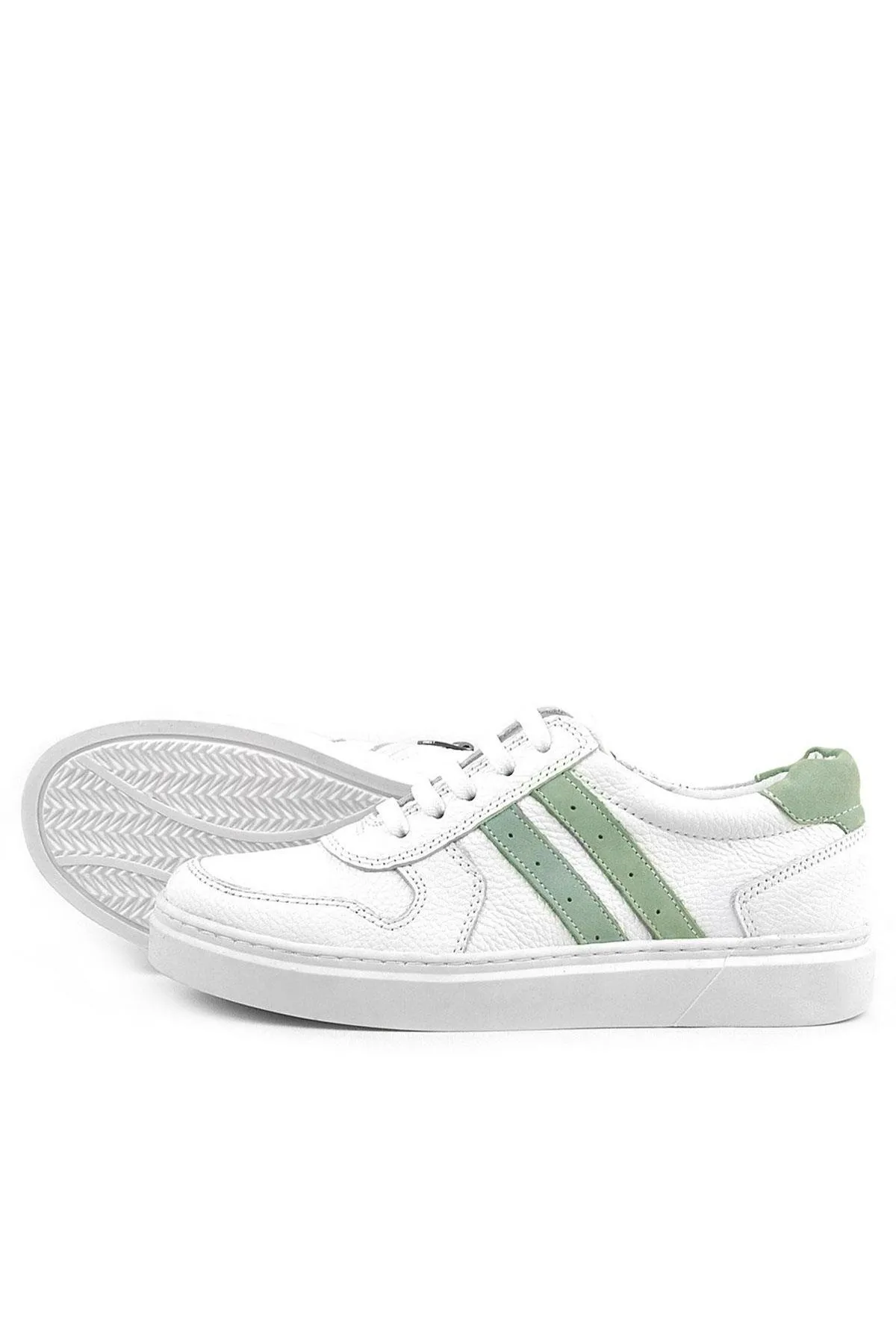 Hakiki Deri Beyaz Yeşil Bağcıklı Fermuarlı Çocuk Sneaker