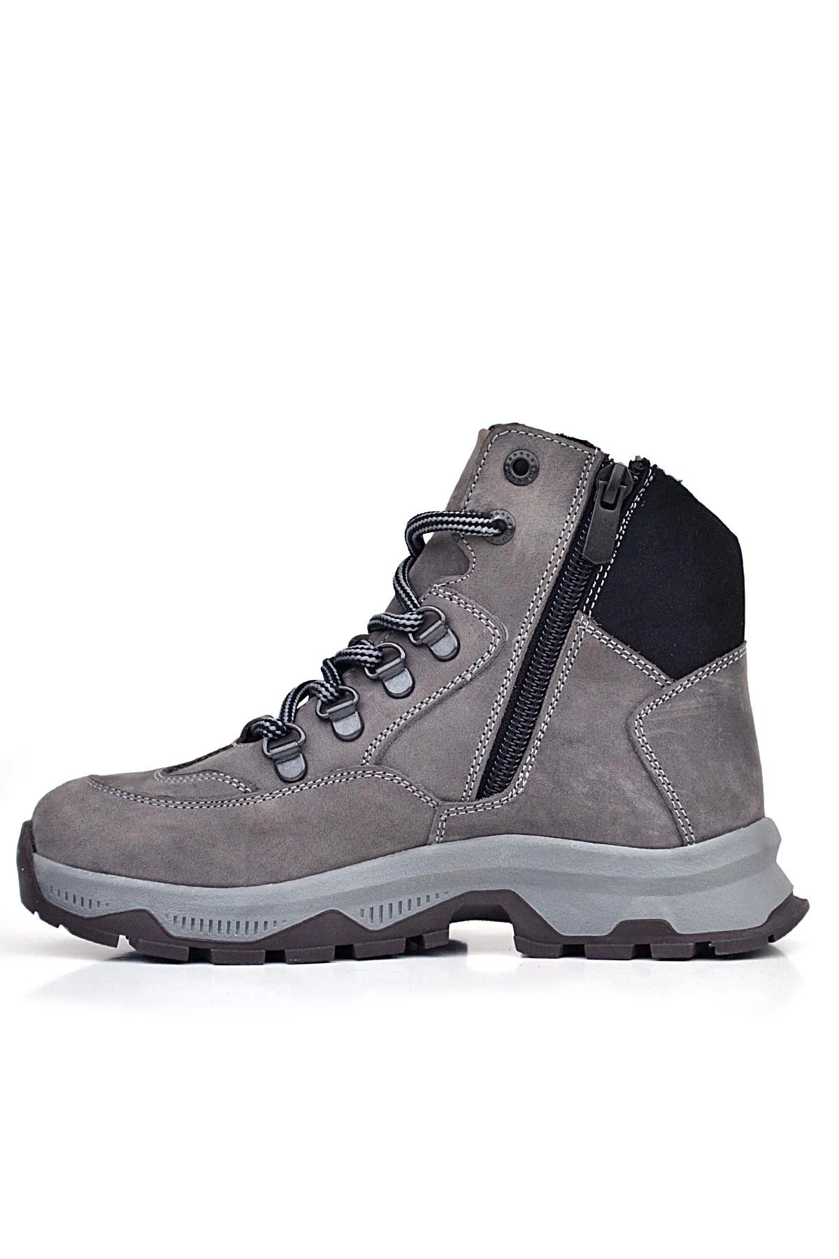 Hakiki Deri Gri Bağcıklı Fermuarlı Trekking Çocuk Bot