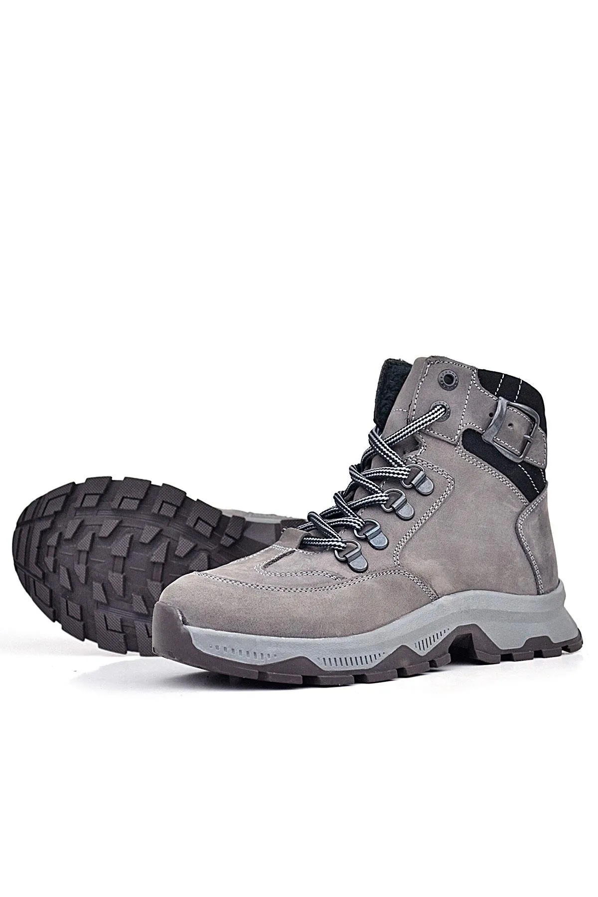 Hakiki Deri Gri Bağcıklı Fermuarlı Trekking Çocuk Bot