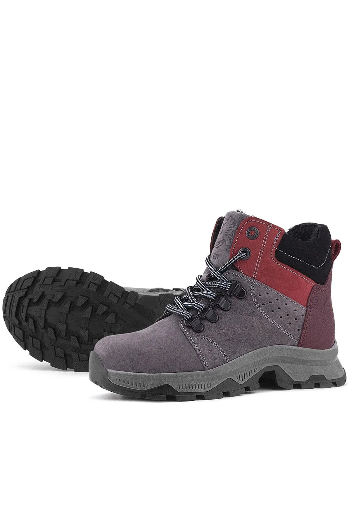 Hakiki Deri Gri Bordo Fermuarlı Trekking Çocuk Bot