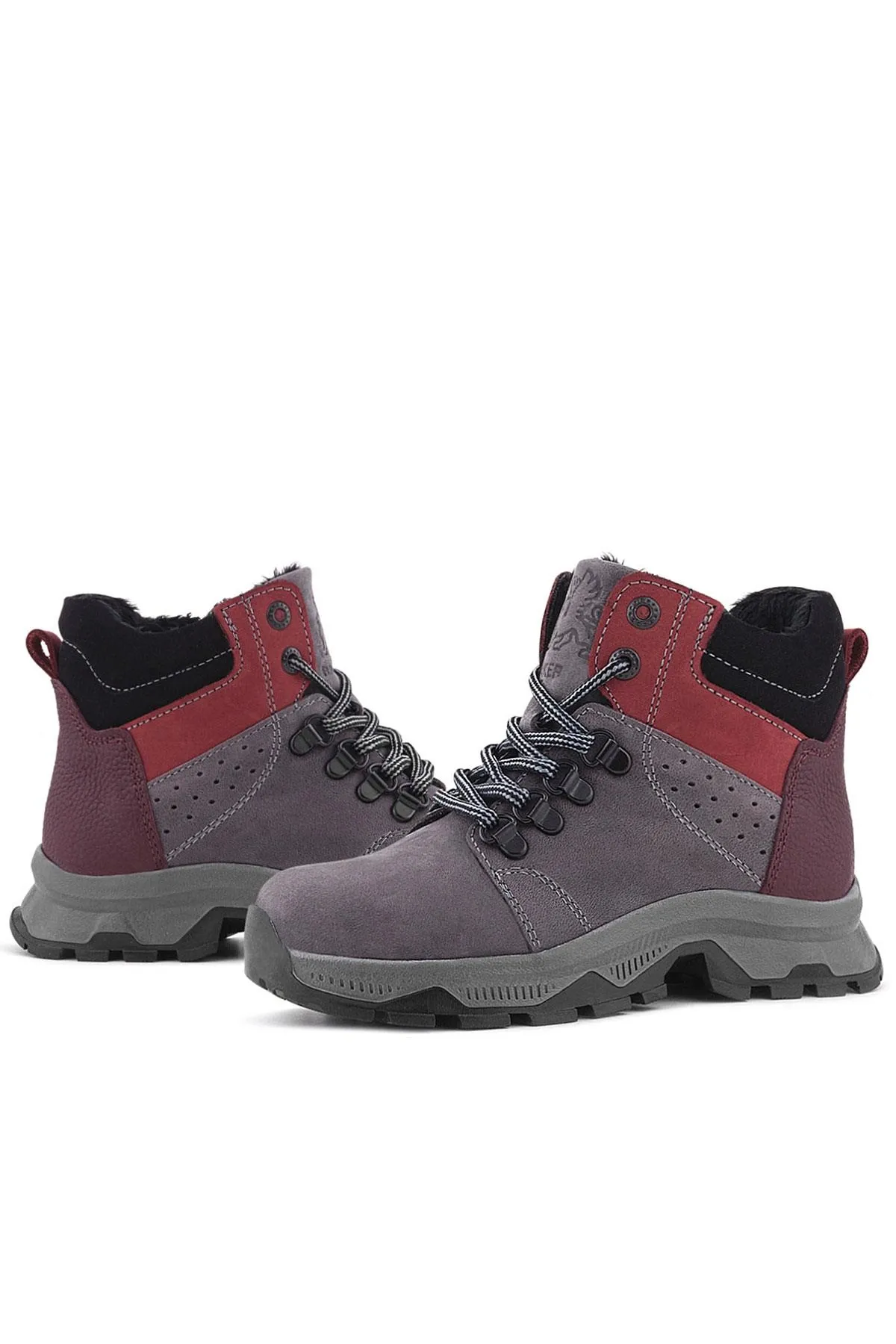 Hakiki Deri Gri Bordo Fermuarlı Trekking Çocuk Bot