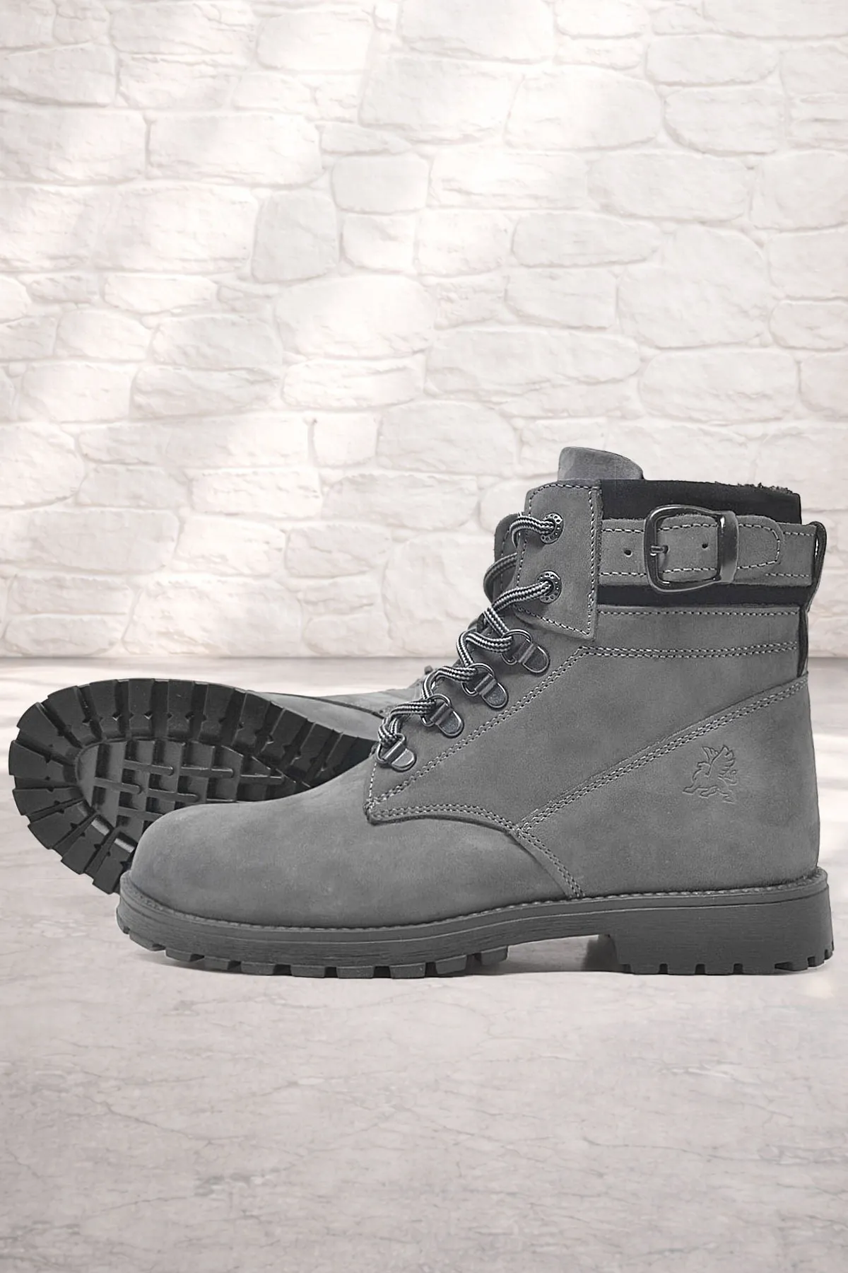 Hakiki Deri Gri Fermuarlı Bağcıklı Kürklü Bot