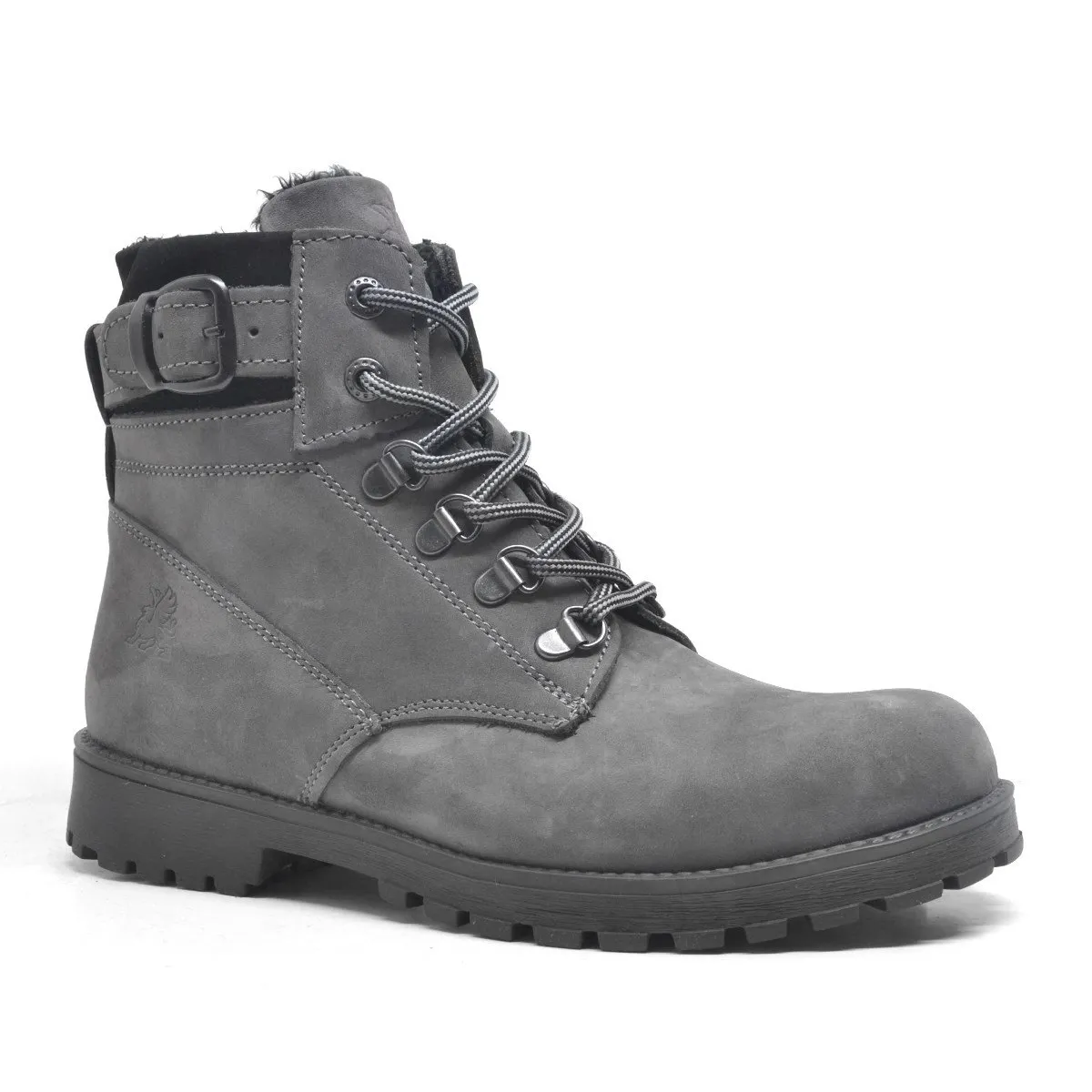 Hakiki Deri Gri Fermuarlı Bağcıklı Kürklü Bot