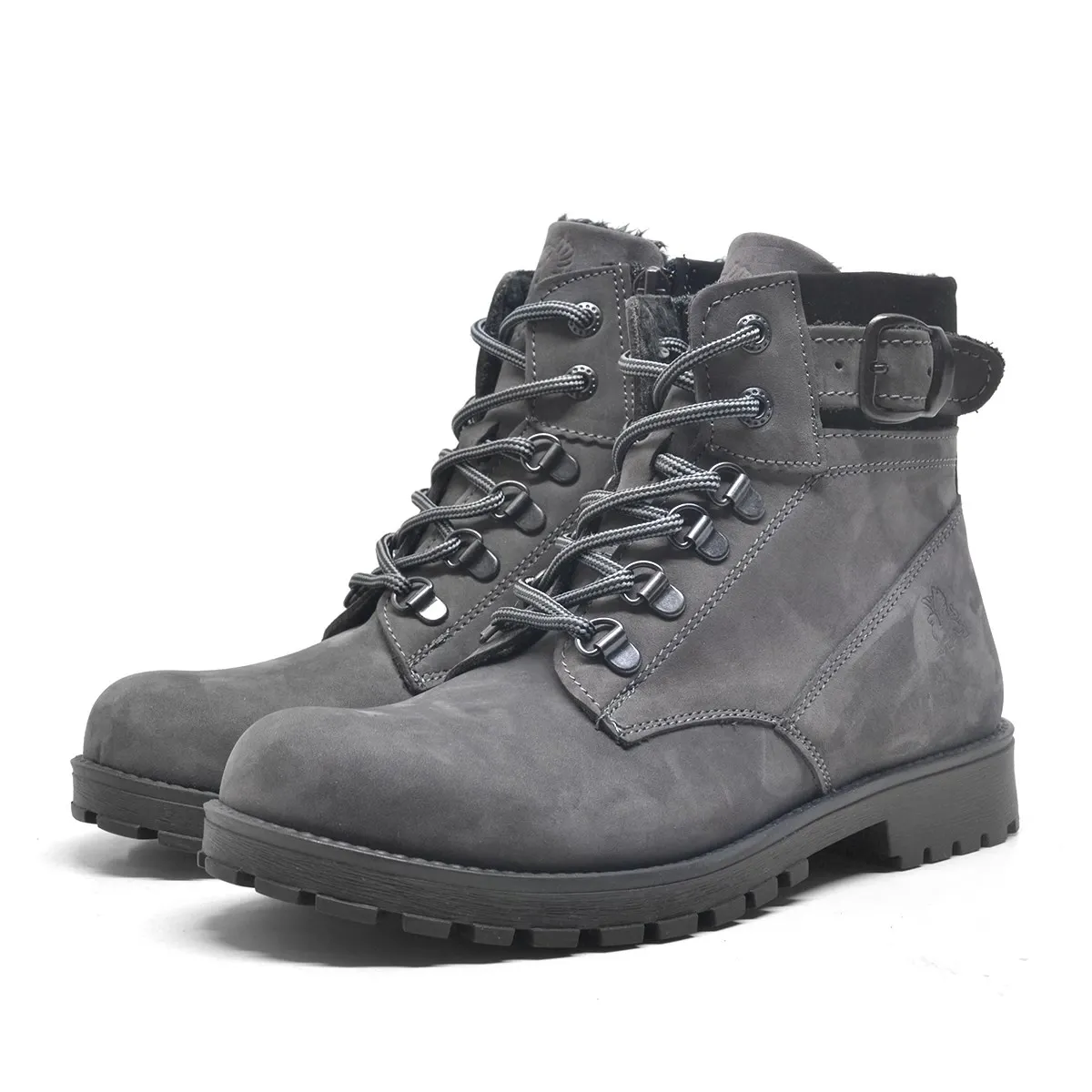 Hakiki Deri Gri Fermuarlı Bağcıklı Kürklü Bot