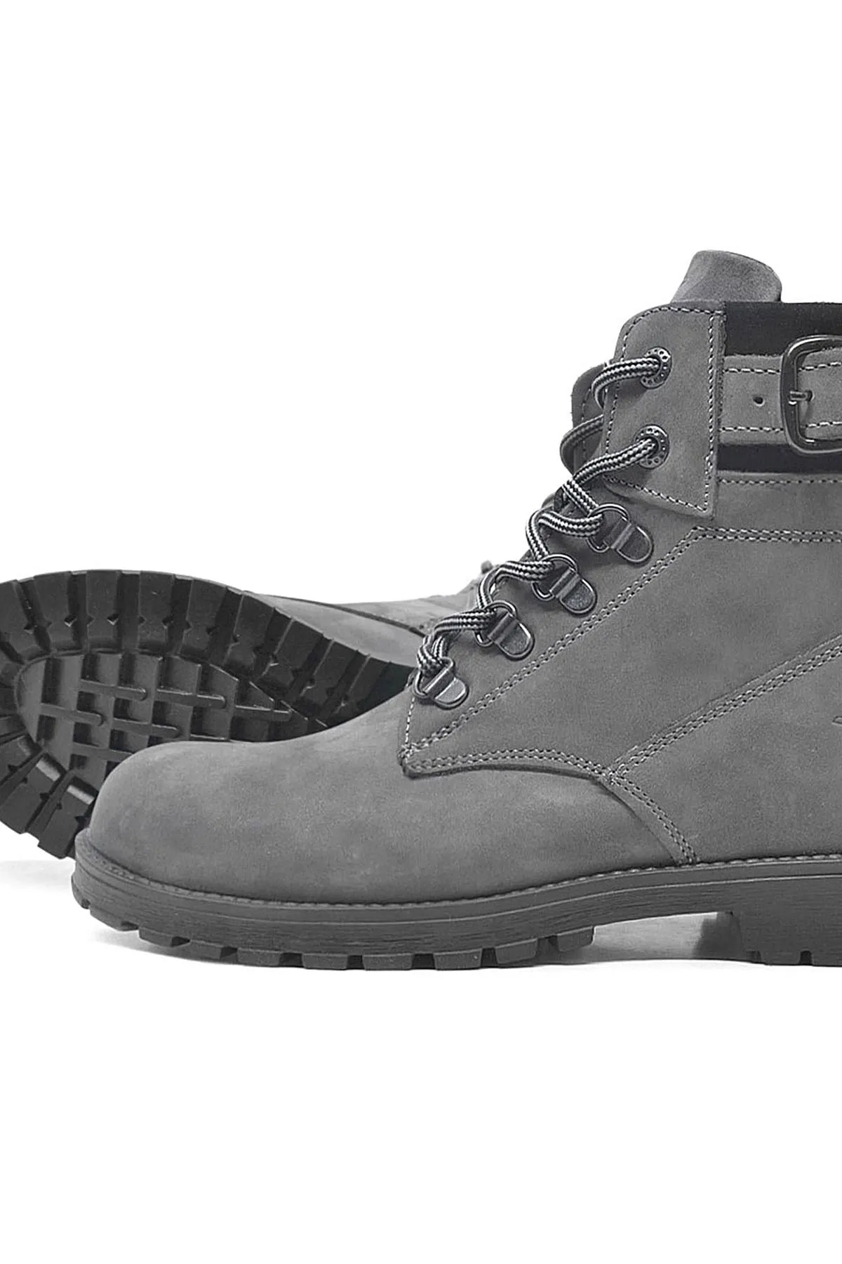 Hakiki Deri Gri Fermuarlı Bağcıklı Kürklü Bot