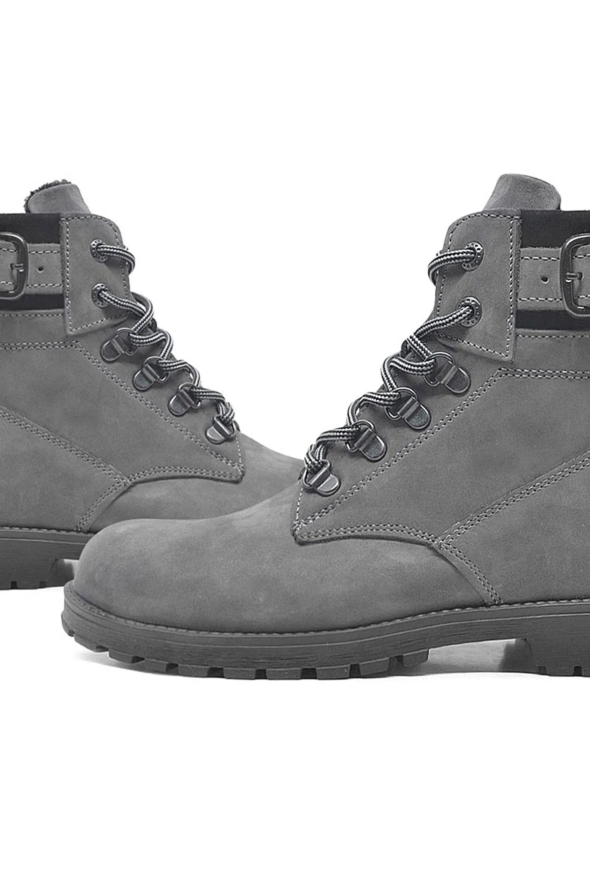 Hakiki Deri Gri Fermuarlı Bağcıklı Kürklü Bot